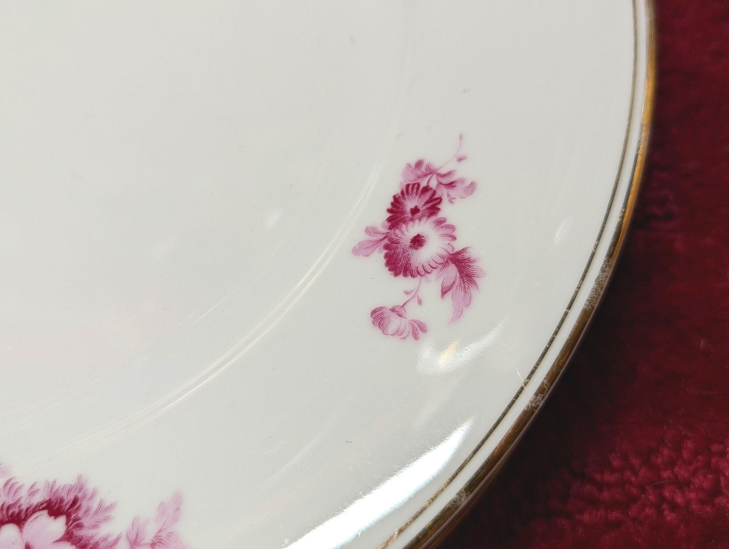 Shabby Chic Porcelain Dinner Plates, White with Pink Floral Design & Gold Band, N457 by Noritake, 10,5"