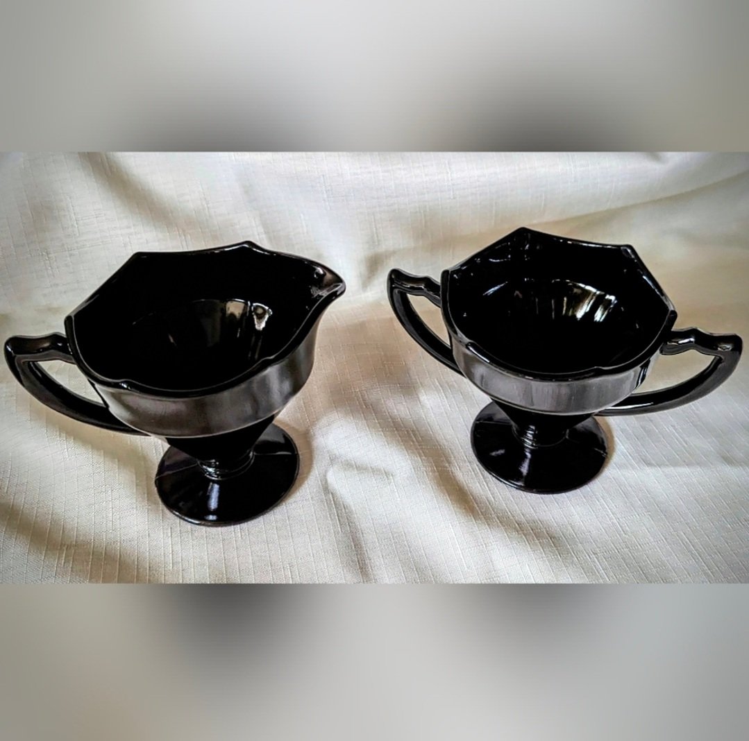 Art Deco Black Glass Cream & Sugar Set, Ebony by Cambridge