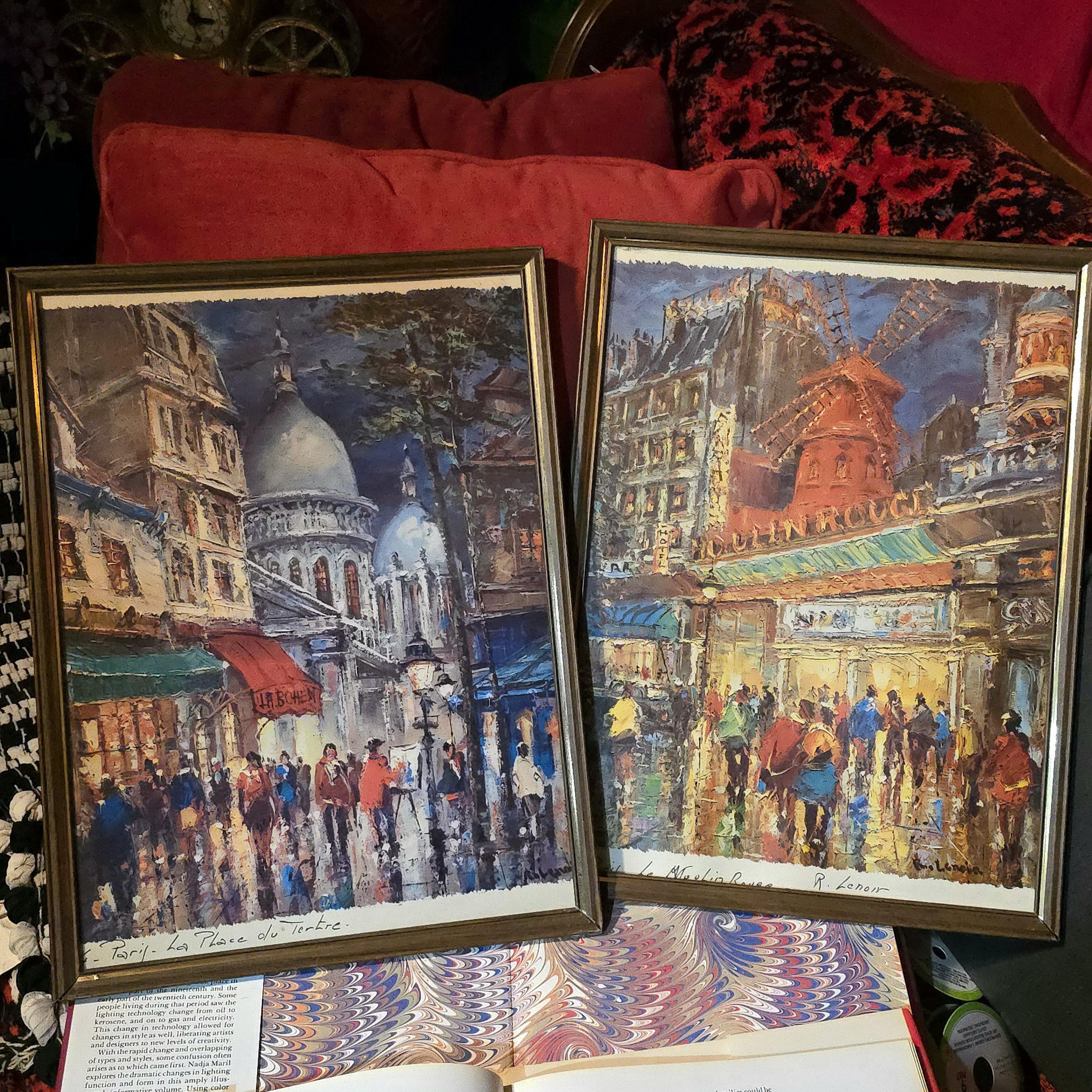 Vintage Multicolor Prints of Moulin Rouge and La place Tetre in France by R. Lenoir, 16" x 14"