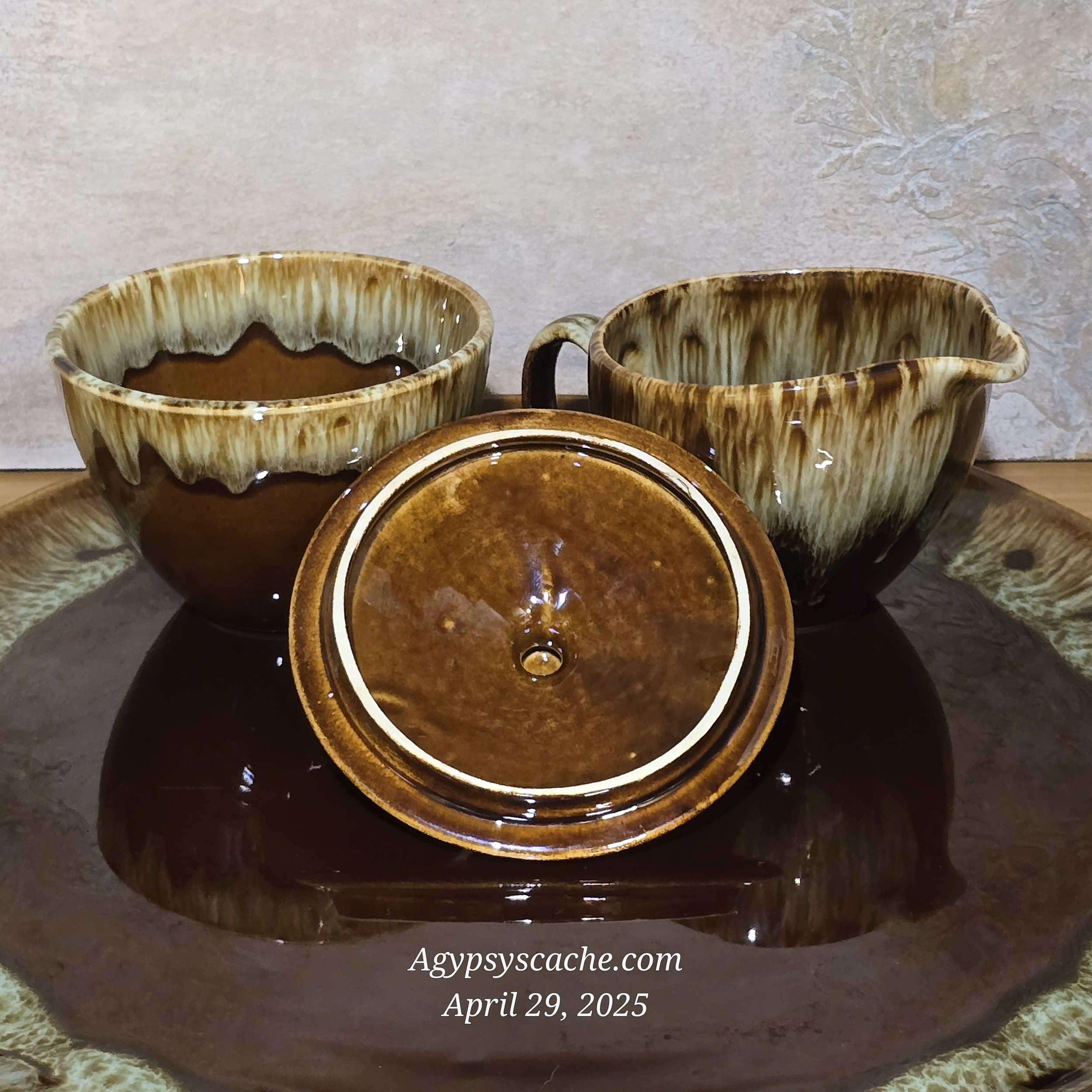 1960 Brown Drip Glaze Creamer and Lidded Sugar Set by Canonsburg Pottery