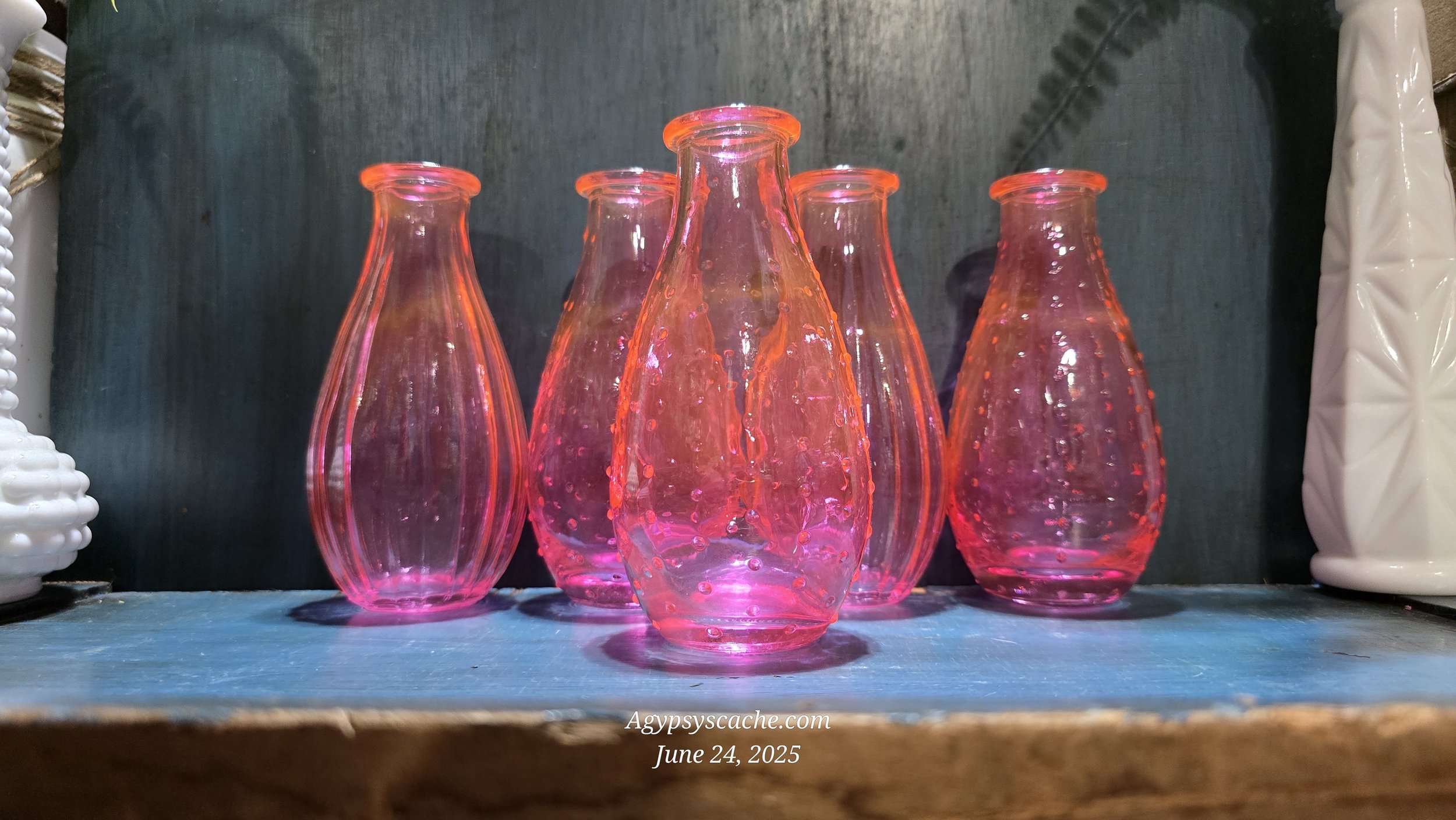 Hot Pink UV Reactive Hobnail and Ribbed Decorative Bottles, Set 5