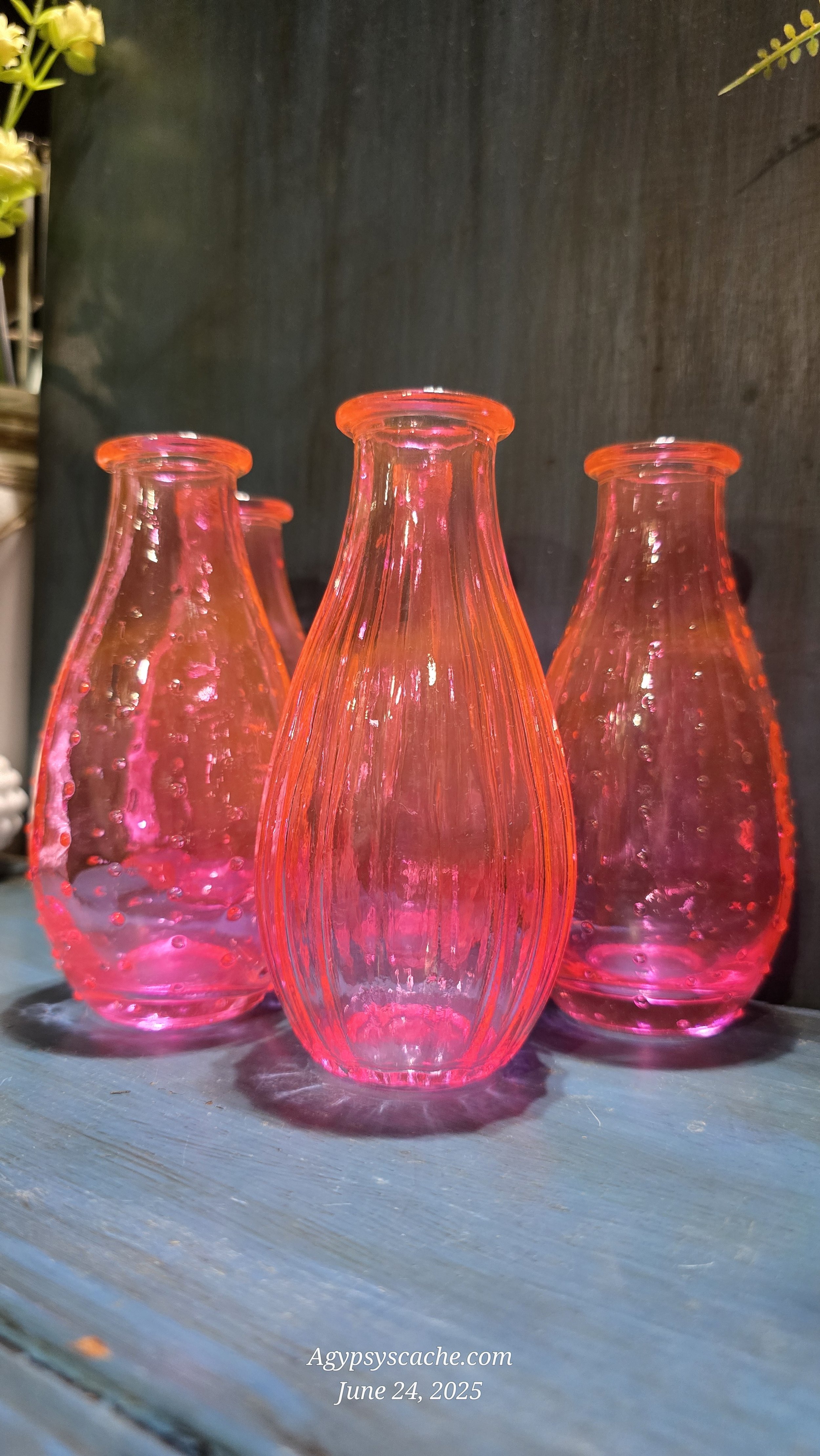 Hot Pink UV Reactive Hobnail and Ribbed Decorative Bottles, Set 5