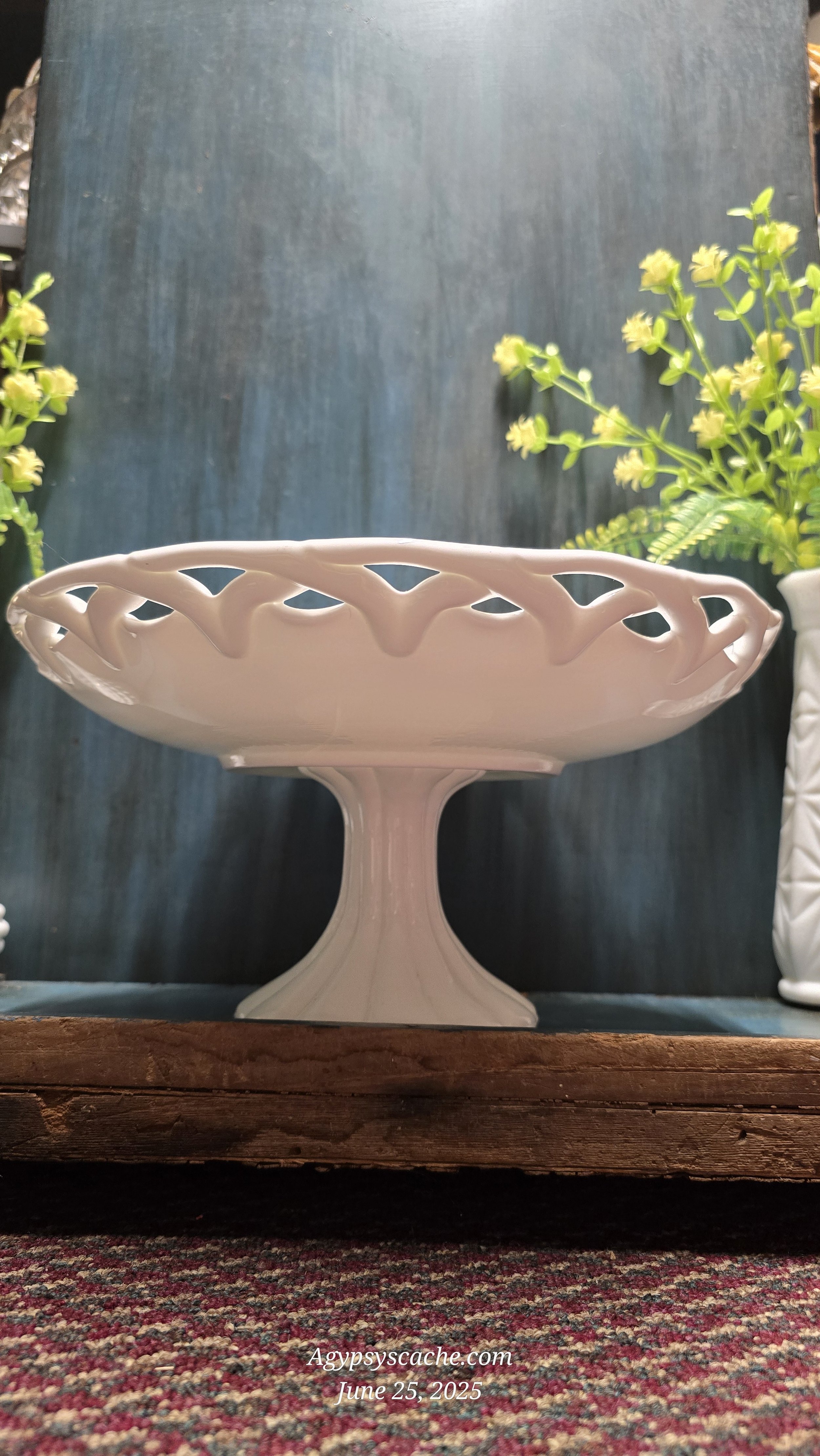 Mid Century White Milk Glass Pedestal Cake Stand with Lattice Trim