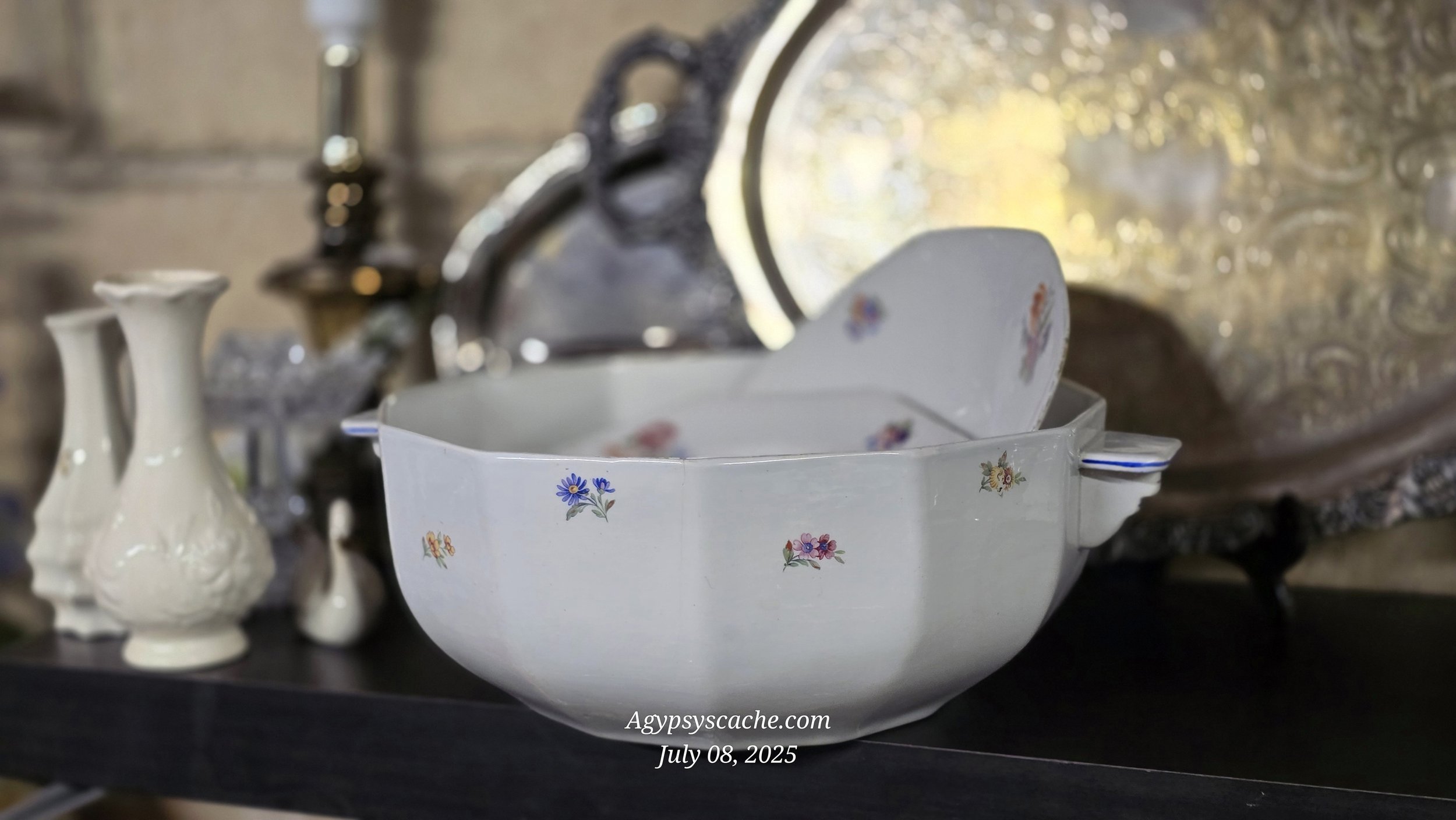Antique Porcelain/Half Porcelain Serve Ware, Set of 3, White with Hand Painted Multicolor Flowers