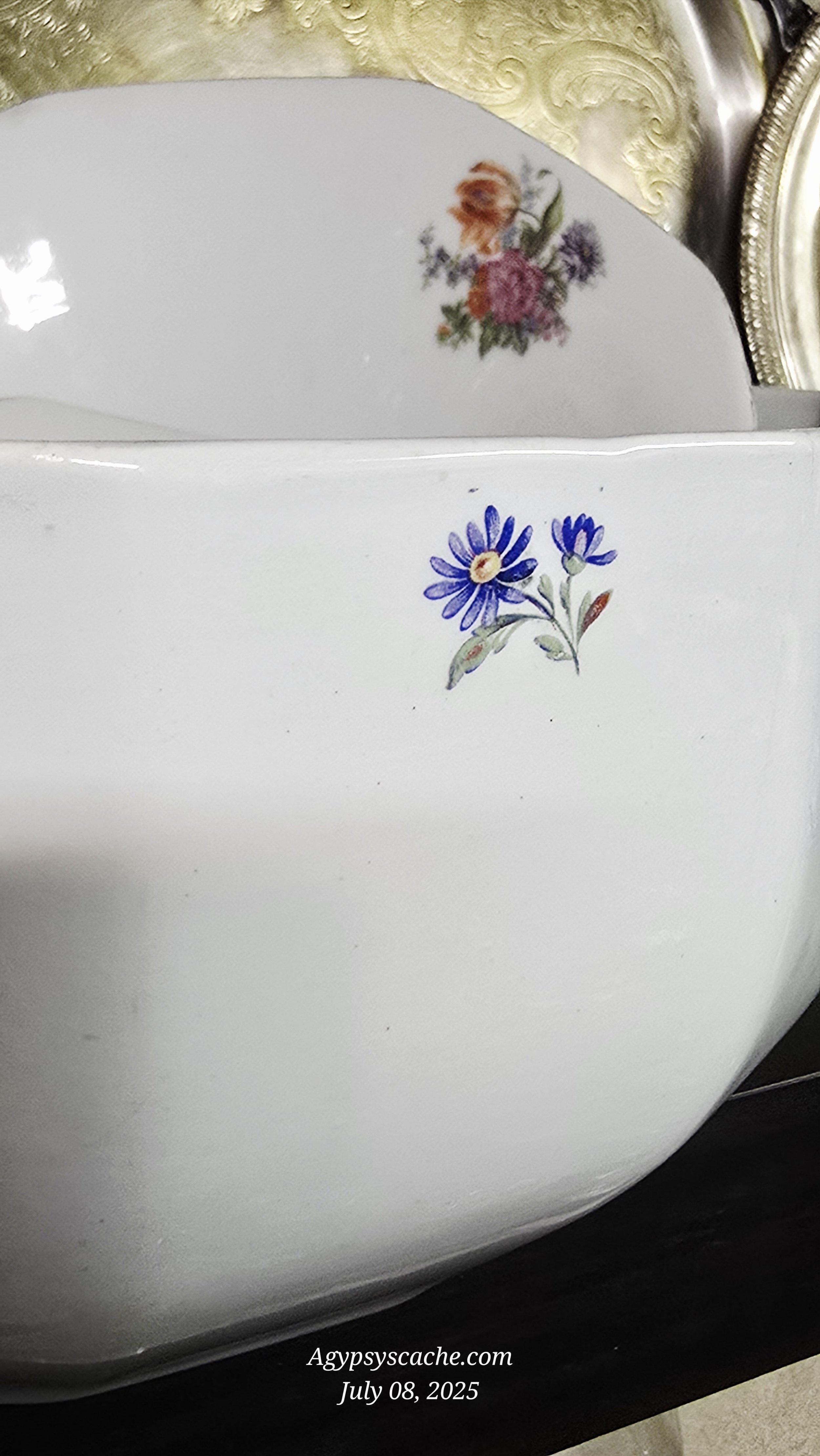Antique Porcelain/Half Porcelain Serve Ware, Set of 3, White with Hand Painted Multicolor Flowers