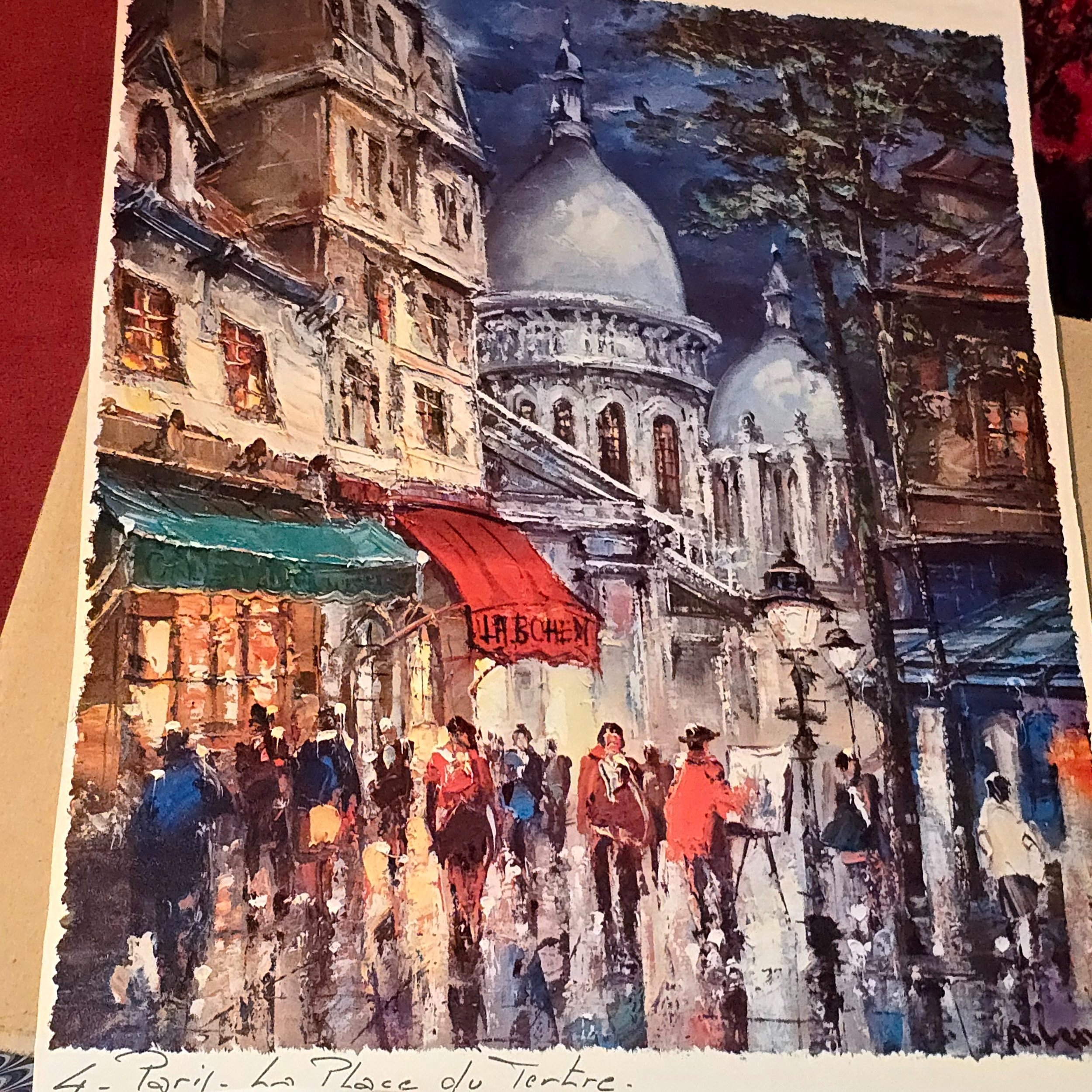 Vintage Multicolor Prints of Moulin Rouge and La place Tetre in France by R. Lenoir, 16" x 14"