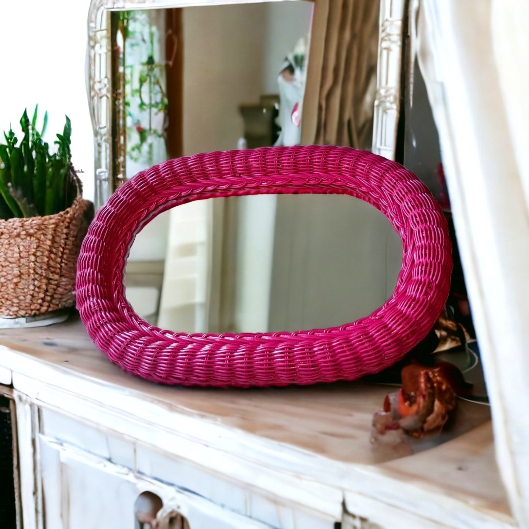 vintage pink wicker mirror, bright pink, magenta