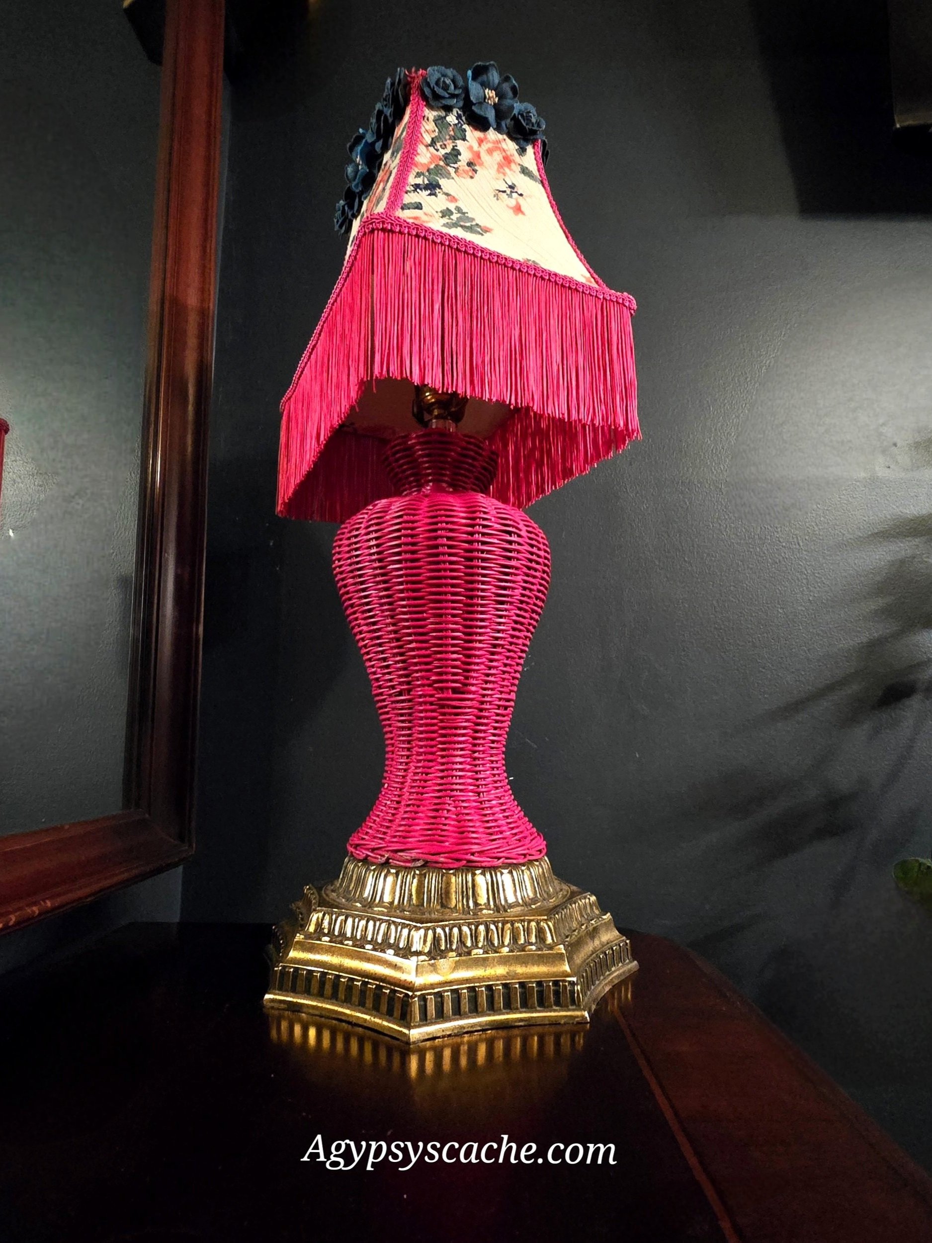 Eclectic Vintage Maximalisms Style Table Lamp, Magenta Wicker, Floral & Fringe Shade with Ornate Gold Metal Base,27"