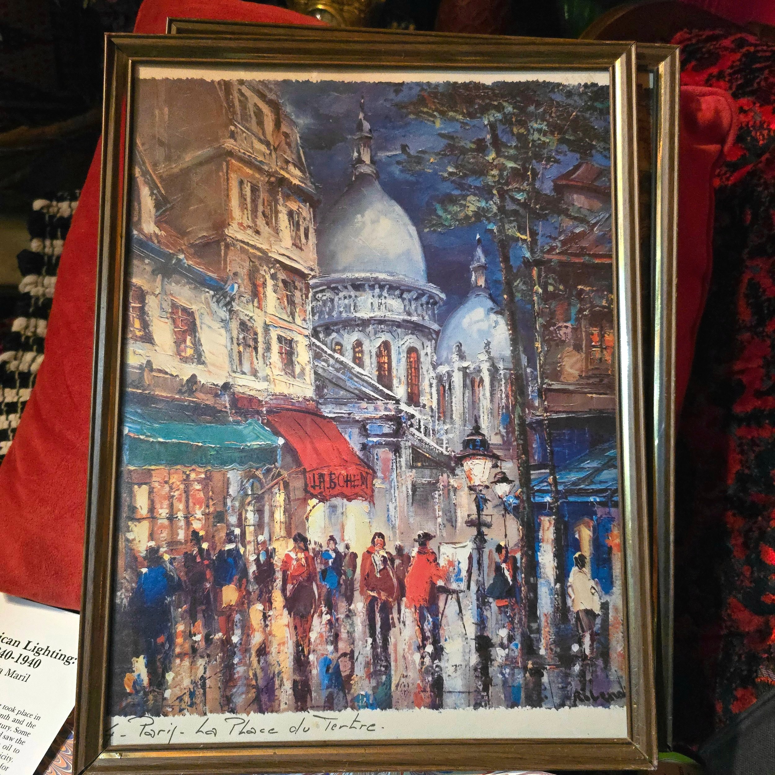 Vintage Multicolor Prints of Moulin Rouge and La place Tetre in France by R. Lenoir, 16" x 14"
