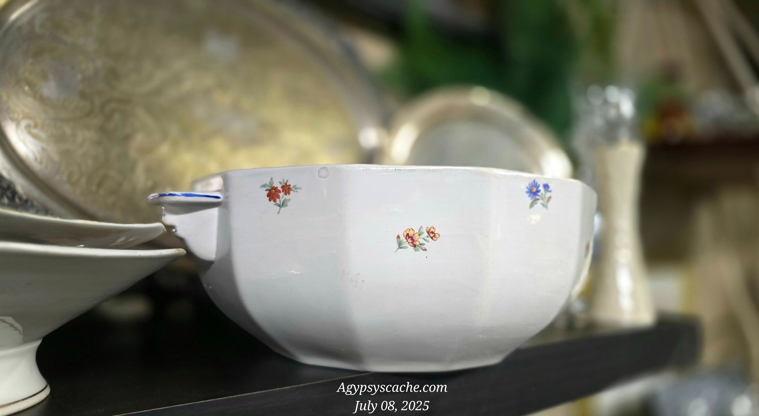 Antique Porcelain/Half Porcelain Serve Ware, Set of 3, White with Hand Painted Multicolor Flowers