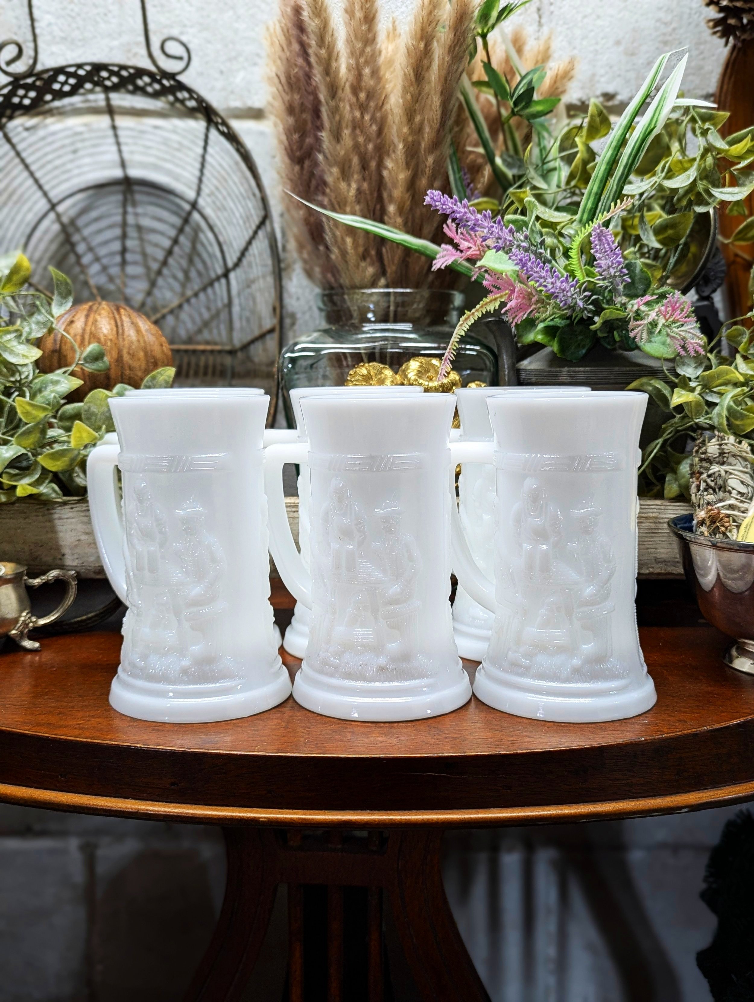 Vintage White Milk Glass Feg 9 Beer Mugs by Federal Glass, Set of 6