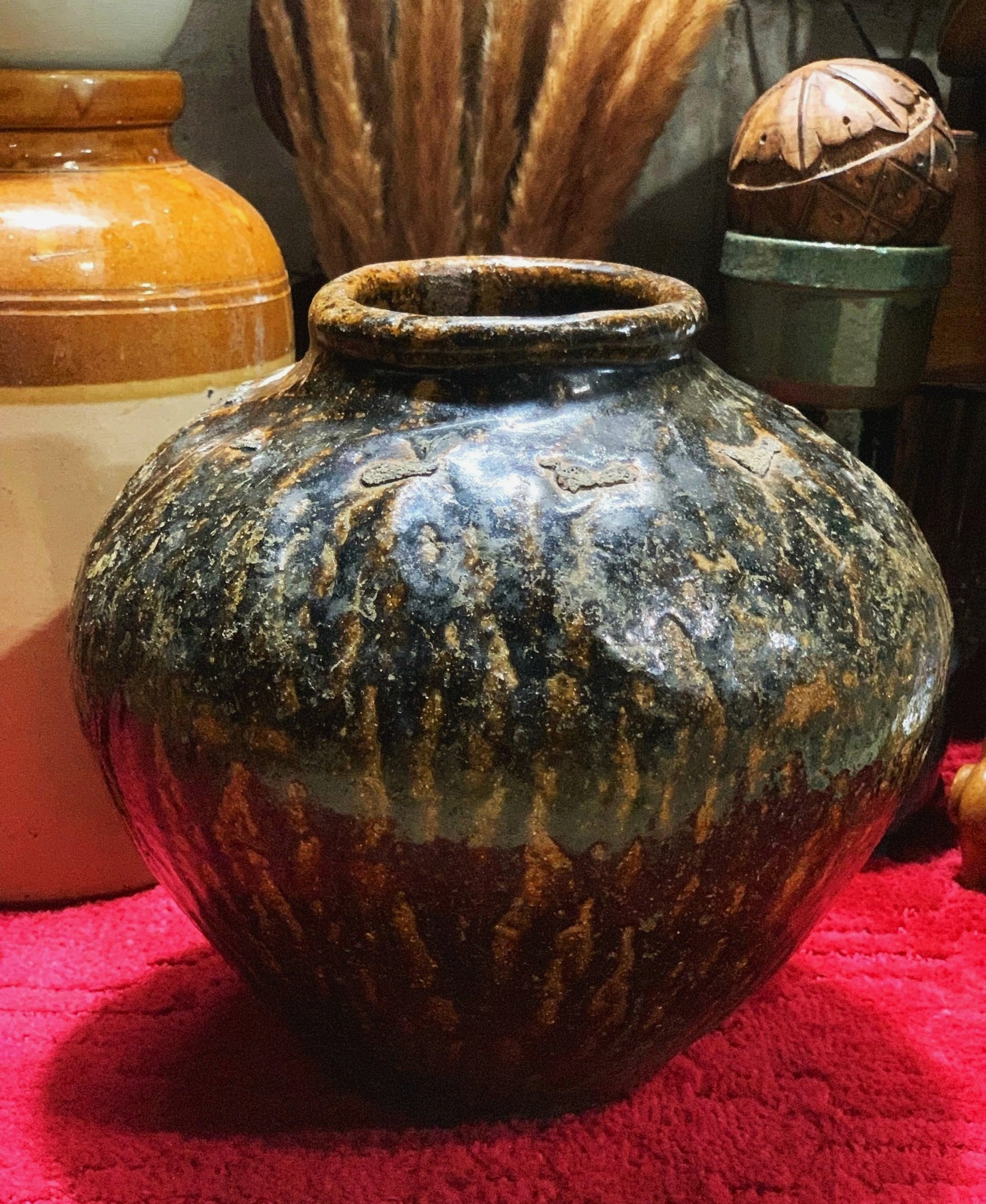 Antique Pegu Jar, Oriental Black/Brown Glazed Stoneware Martaban Shipping Jar