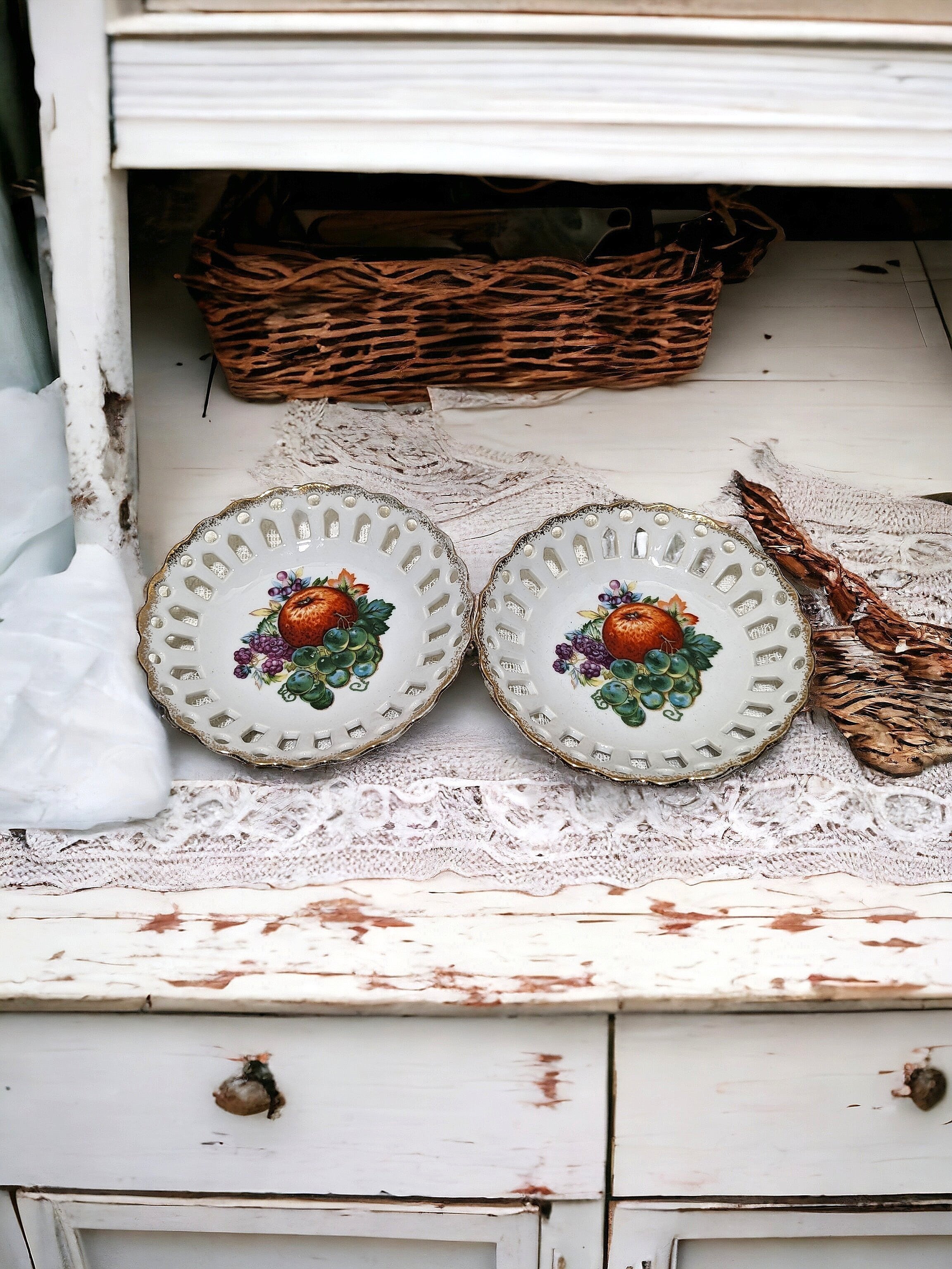 1950’s MCM Shabby Chic Decorative Bond Ware Bowls with Pierced Lattice Trim & Fruit Bouquet