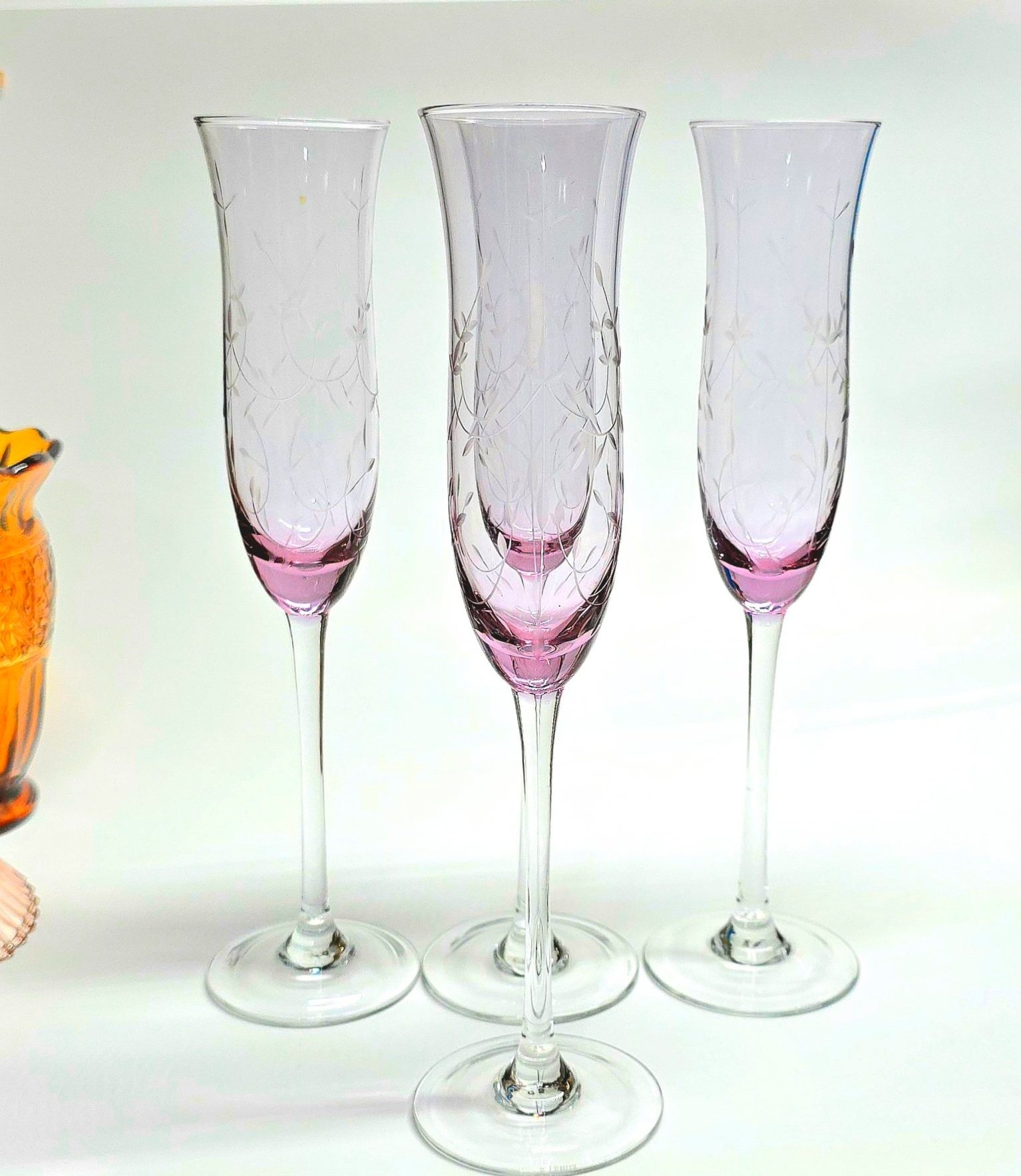 Pink & Clear Long Stem Champagne Glasses, Heather Pink by Lenox Set 4