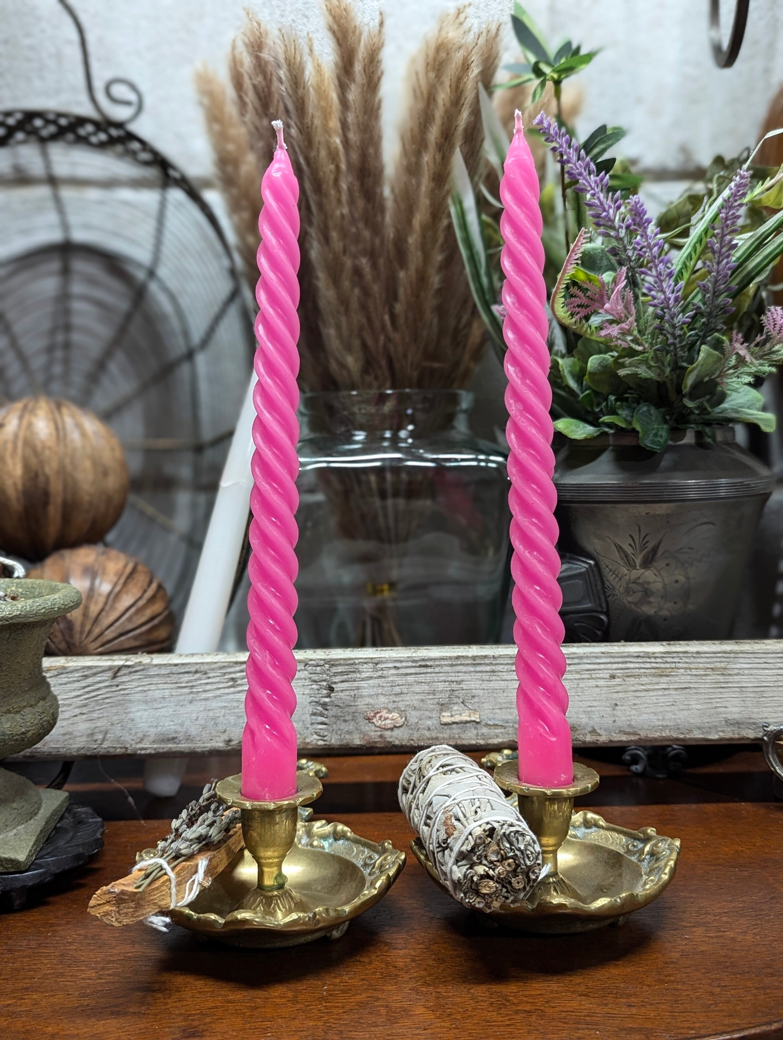 Art Nouveau Brass Chamber Candle Stick Holder with Ornate Romantic Design, Set of 2