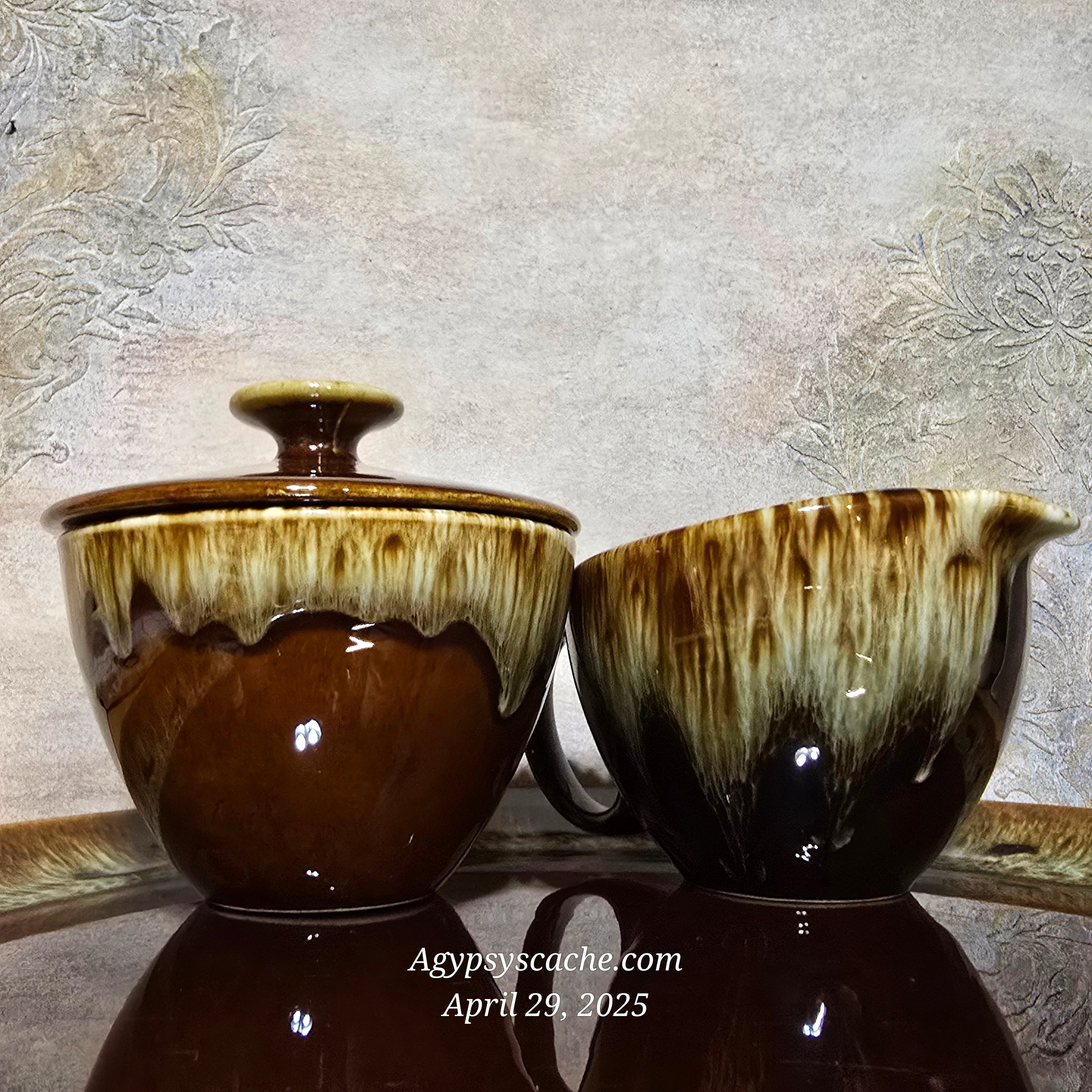 1960 Brown Drip Glaze Creamer and Lidded Sugar Set by Canonsburg Pottery