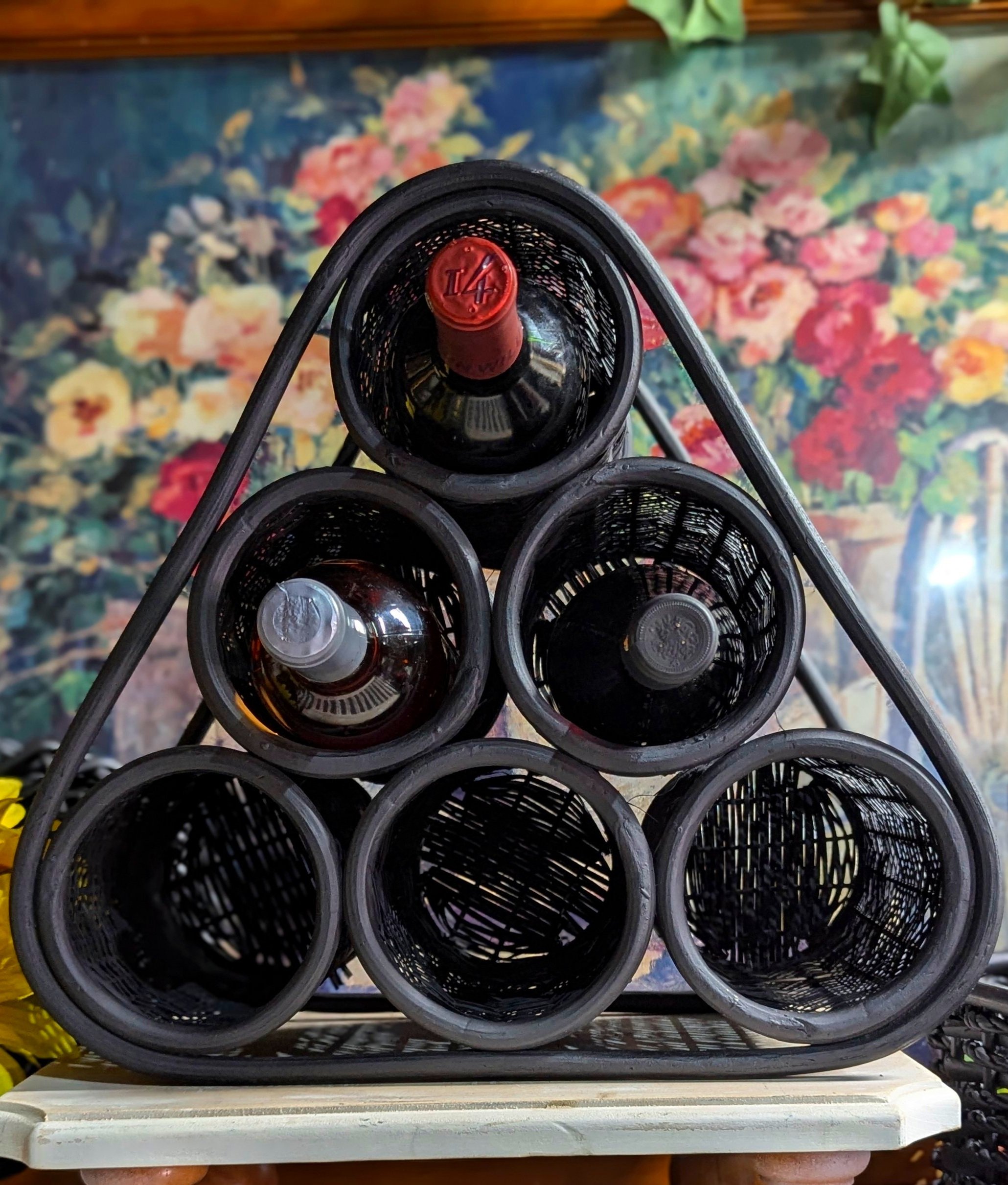 Mid-Century Modern 6 Slot Bamboo & Wicker Wine Storage Rack with Matte Black Finish
