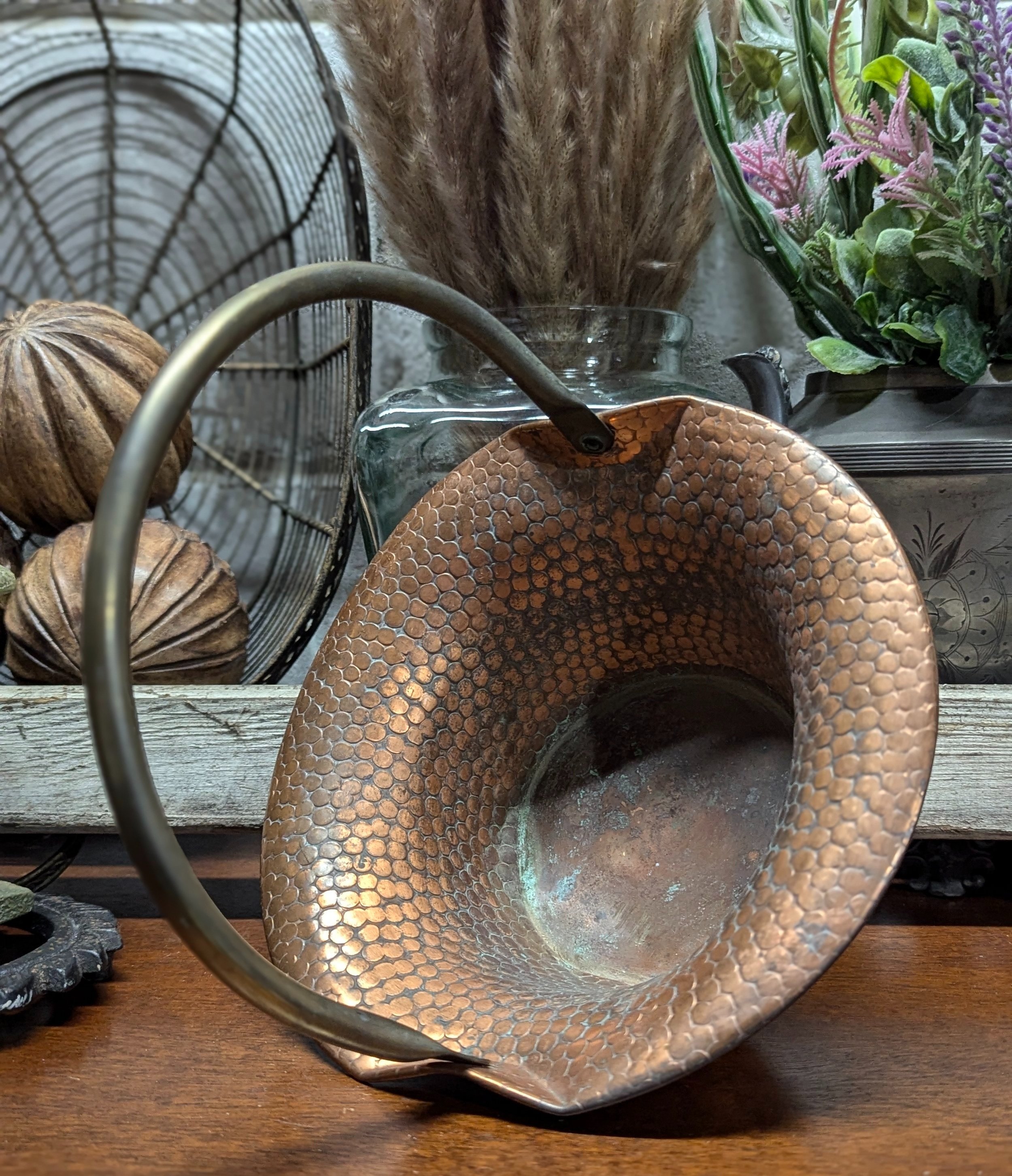 French Country Style Scaled Copper Basket, Coppercraft Guild, Taunton Mass Hammered Copper Basket with Handle