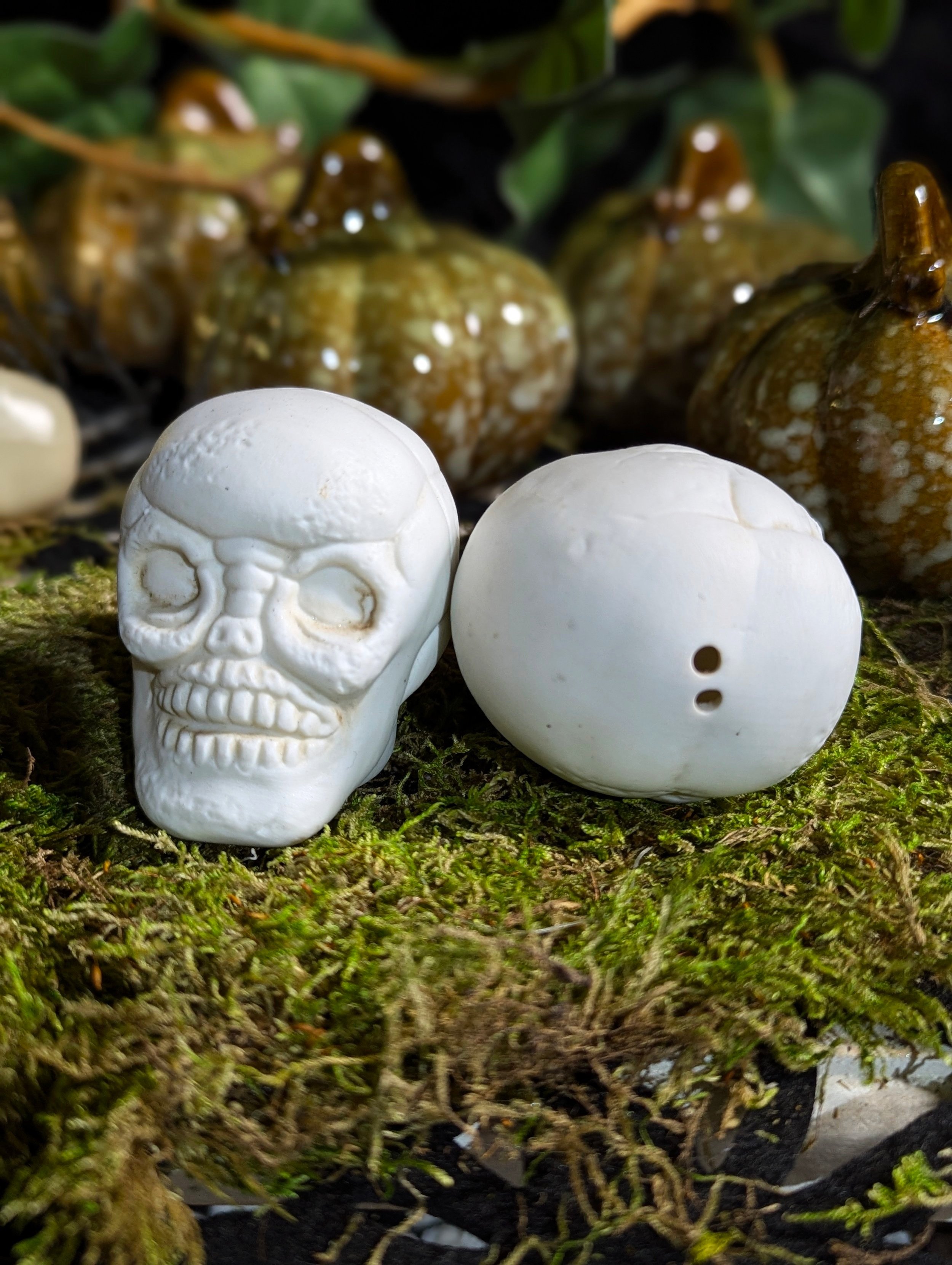 Vintage Handmade Gothic Style Ceramic Skull Salt & Pepper Shakers