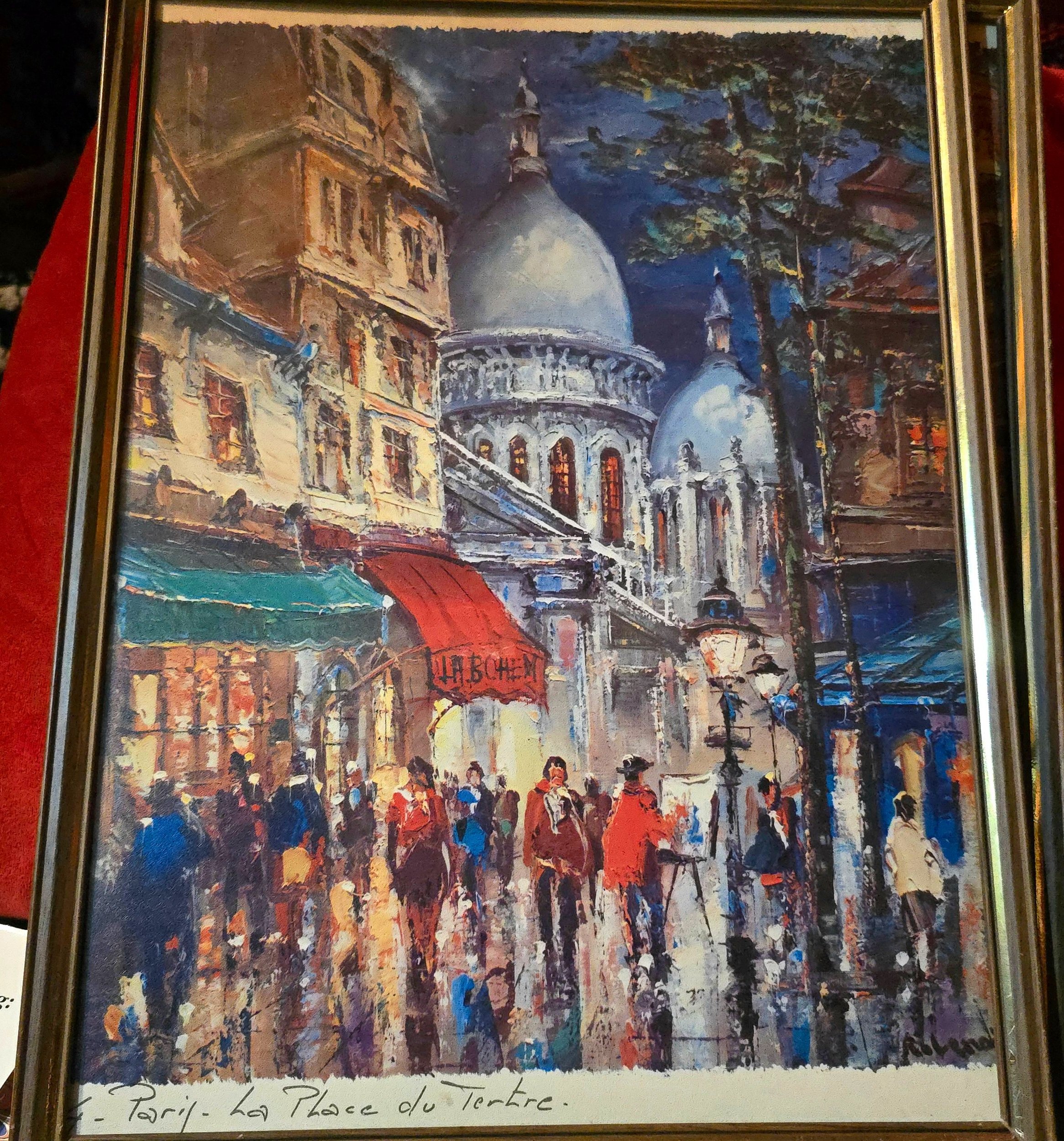 Vintage Multicolor Prints of Moulin Rouge and La place Tetre in France by R. Lenoir, 16" x 14"