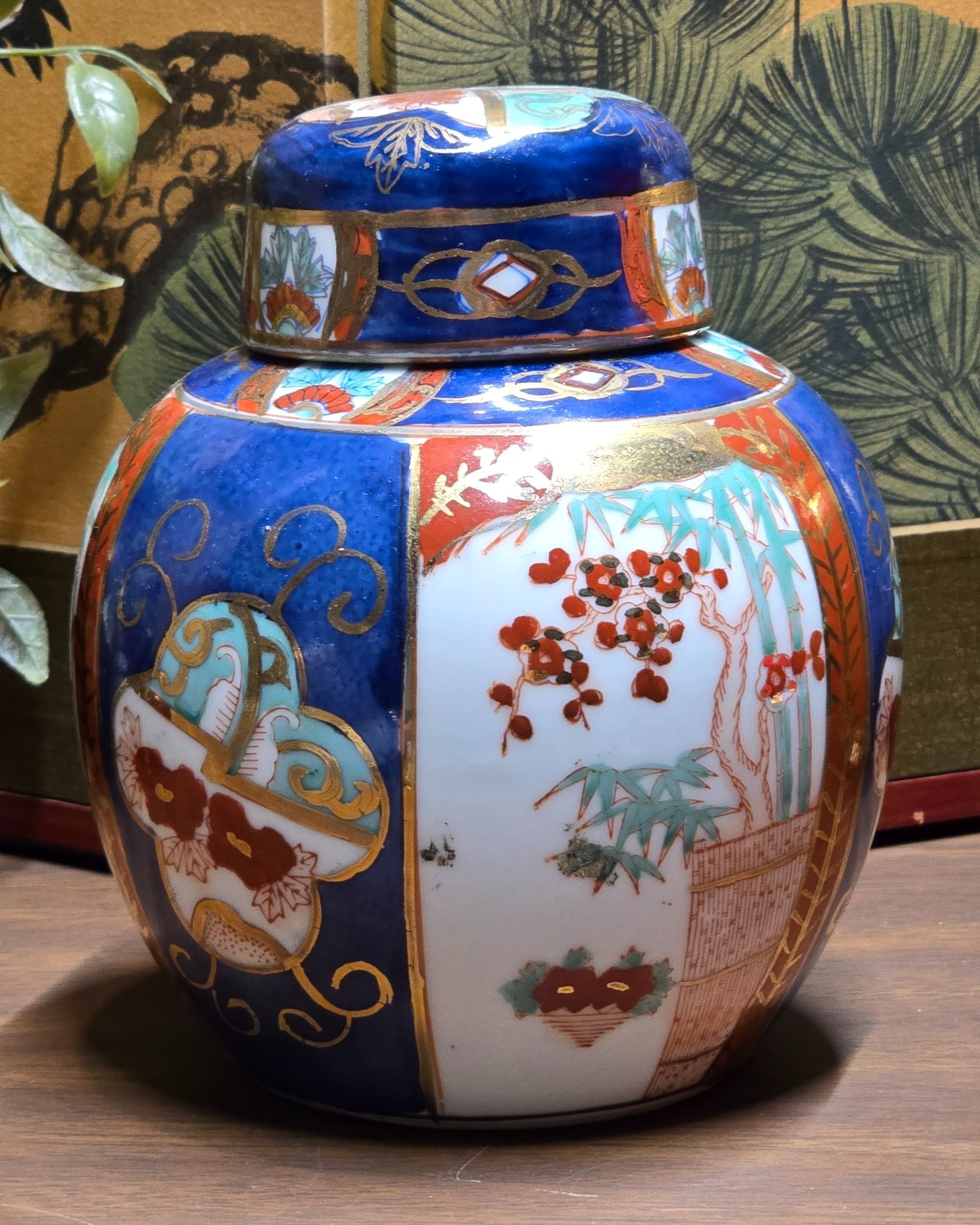 Decorative Hand Painted Lidded Ginger Jar, Made in Macou, China, 6.5"H