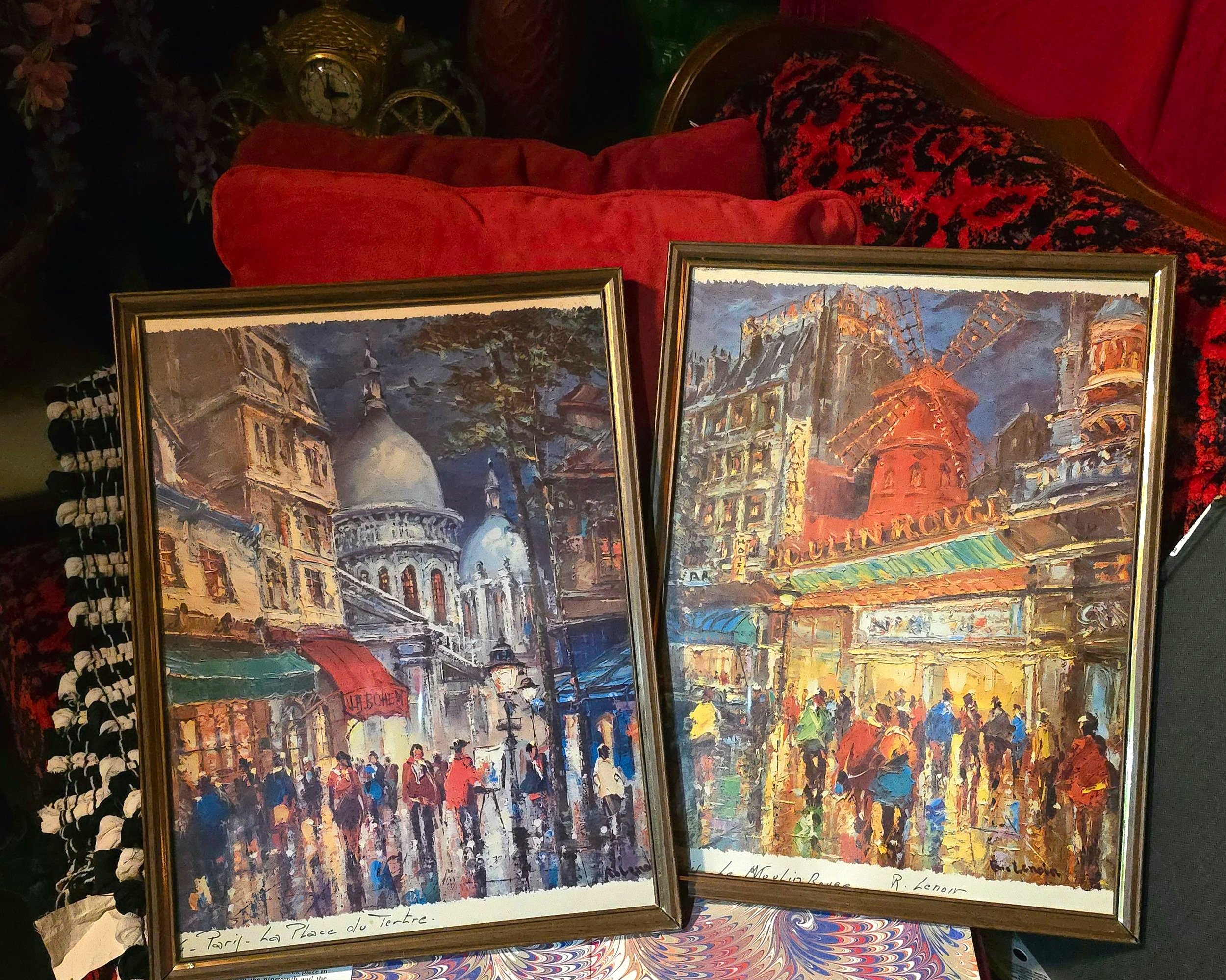 Vintage Multicolor Prints of Moulin Rouge and La place Tetre in France by R. Lenoir, 16" x 14"