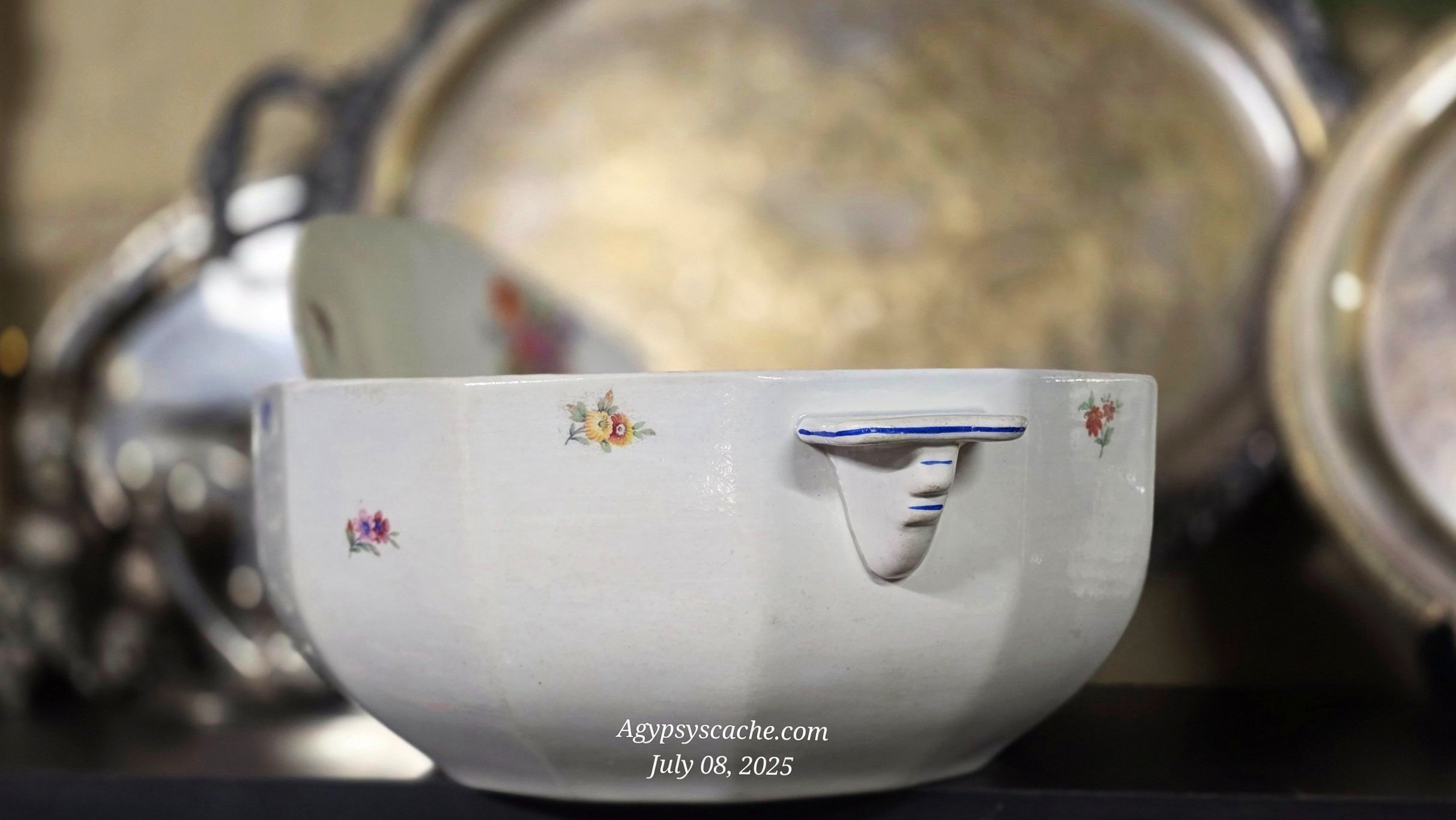 Antique Porcelain/Half Porcelain Serve Ware, Set of 3, White with Hand Painted Multicolor Flowers