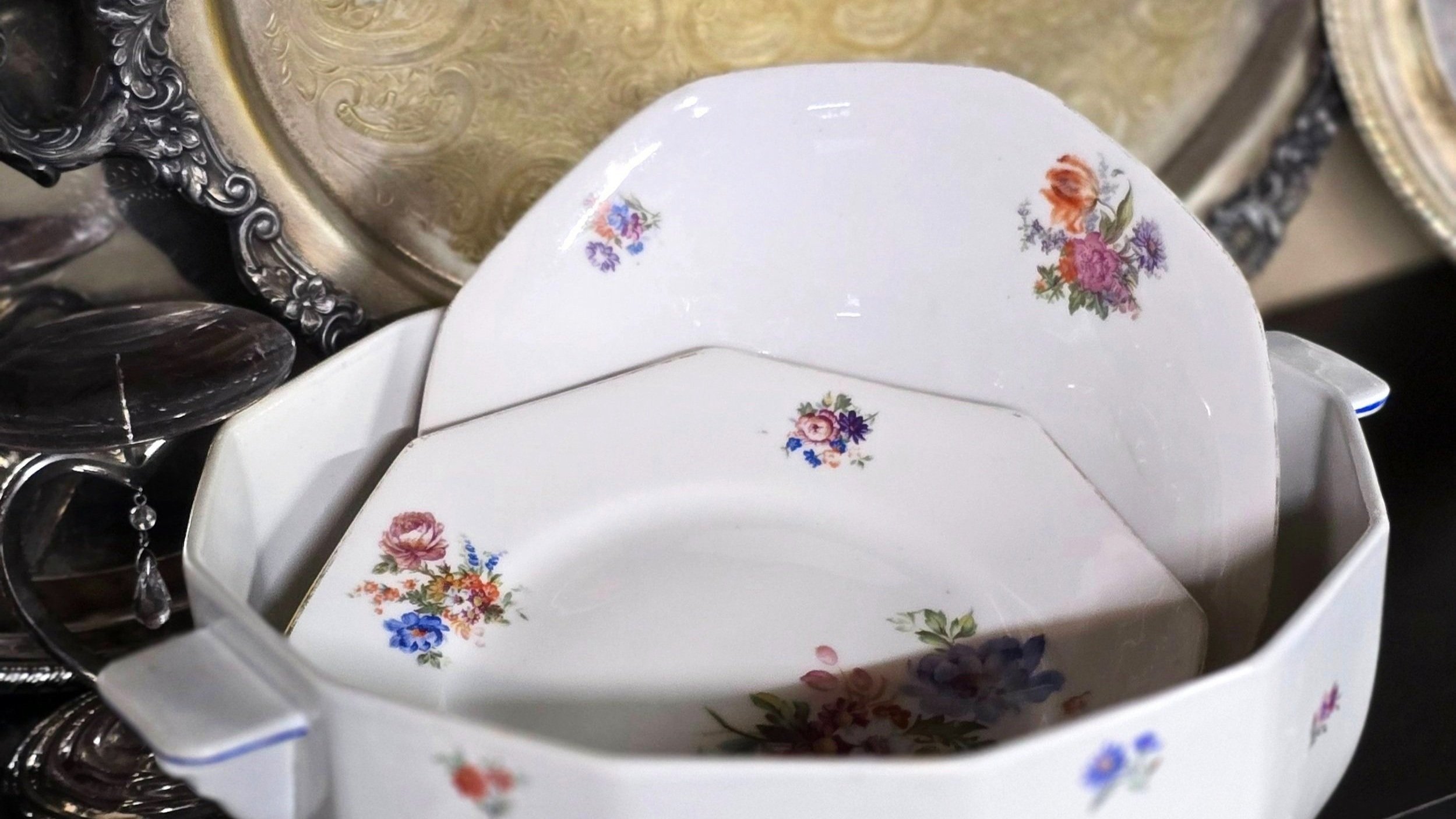 Antique Porcelain/Half Porcelain Serve Ware, Set of 3, White with Hand Painted Multicolor Flowers