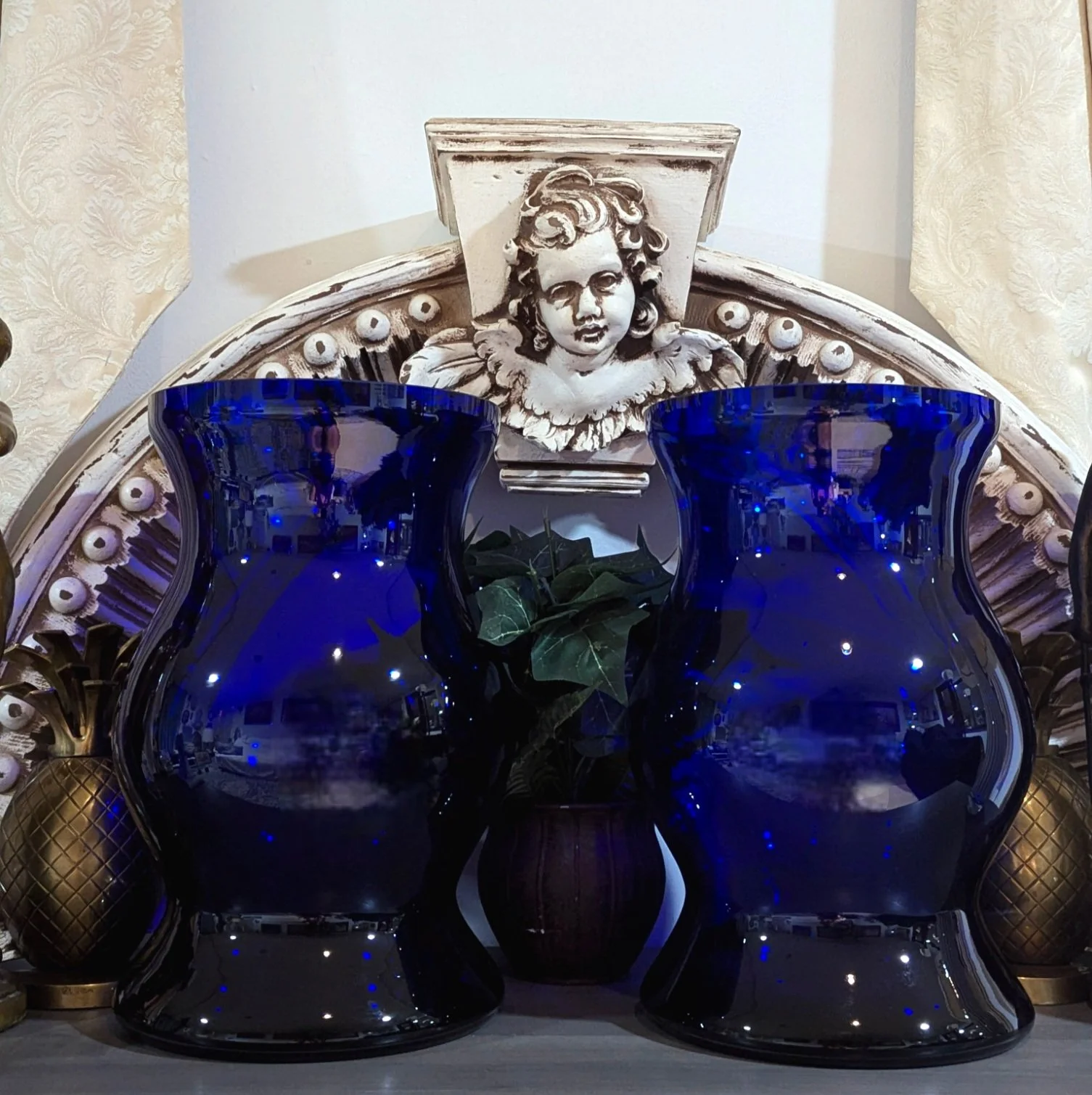 XL Bohemian Cobalt Blue Cased Glass Hurricane Candle Holders 14"