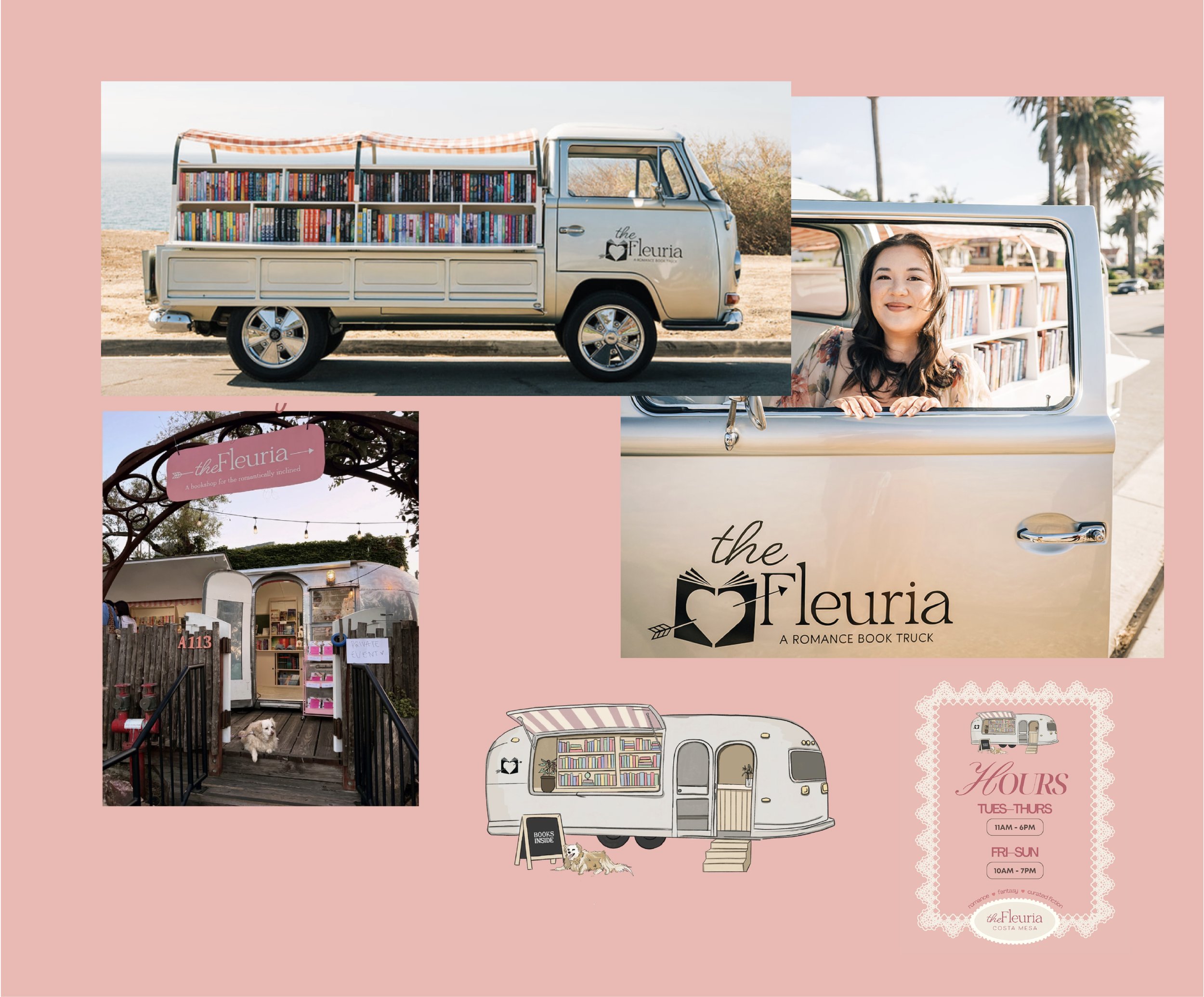 the fleuria romance book store and book truck in southern california branding design and illustration