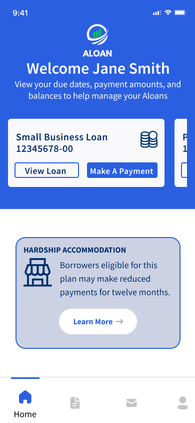 Mobile banking app screen displaying a welcome message for Jane Smith, showing her small business loan details with options to view the loan or make a payment, along with hardship accommodation information.
