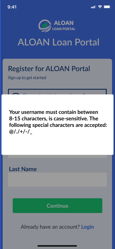 Mobile screen showing the ALoan Loan Portal registration page with a warning pop-up about username character restrictions.