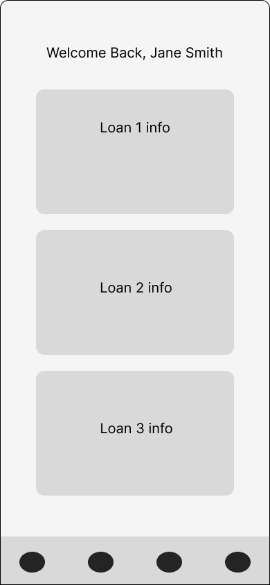 Mobile banking app screen with the message 'Welcome Back, Jane Smith' and options for Loan 1, Loan 2, and Loan 3 information.