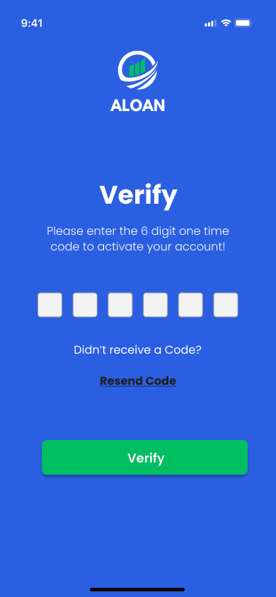 Mobile app screen for ALAN with the title 'Verify'. It prompts the user to enter a 6-digit one-time code to activate their account, with options to resend the code or verify.