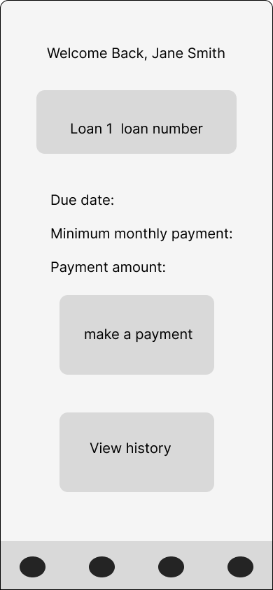 Mobile app screen showing account details for Jane Smith with options to make a payment or view history.