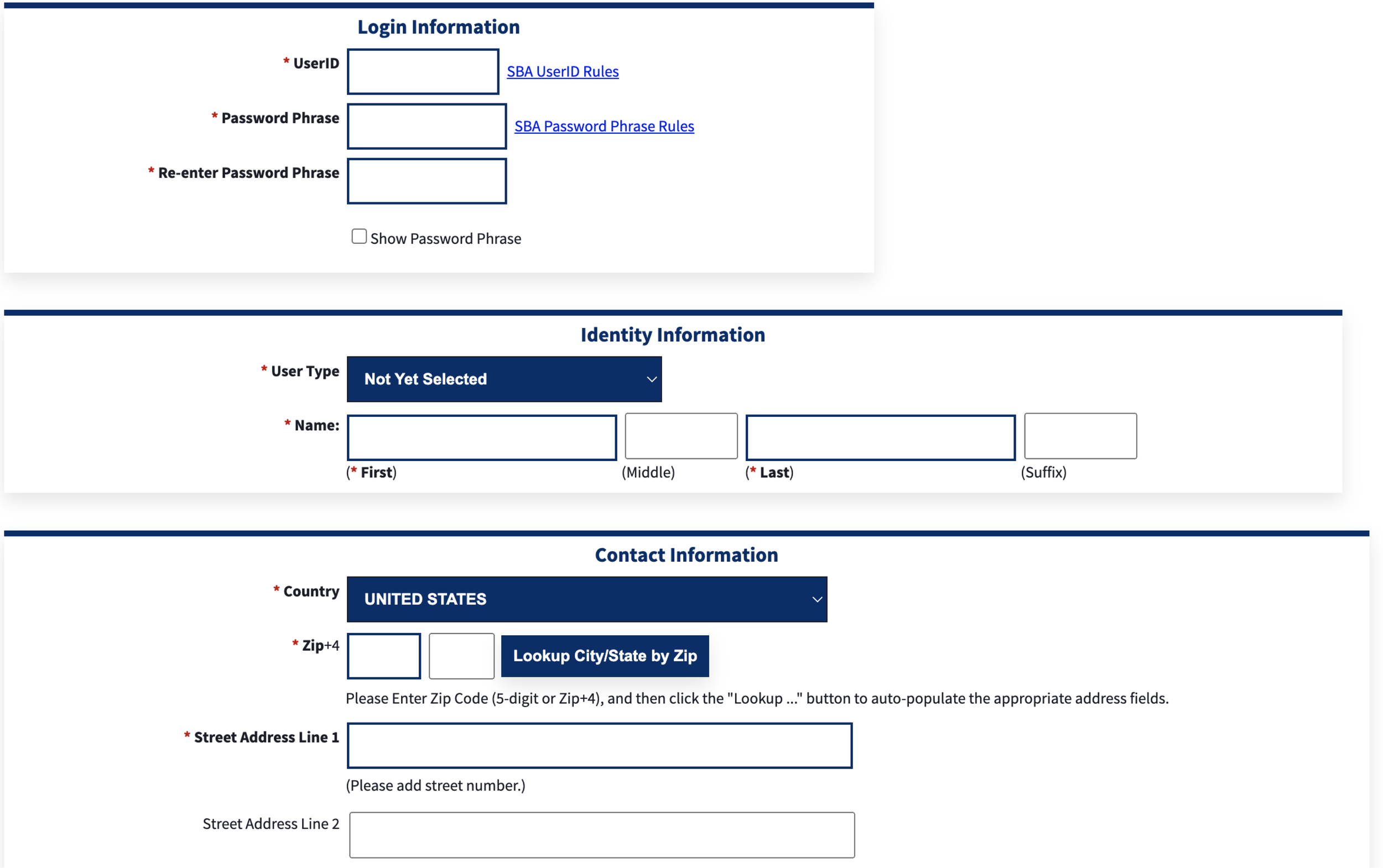 A web form with sections for login information, identity information, and contact information, including fields for user ID, password, name, user type, country, and address details.