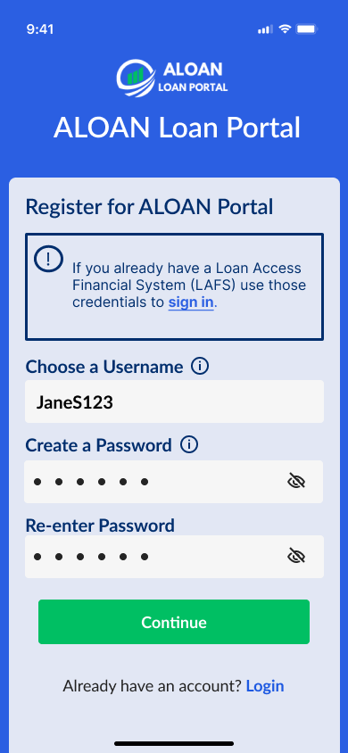 Mobile phone screen showing the ALON Loan Portal registration page with fields for username, password, re-enter password, and a green 'Continue' button.