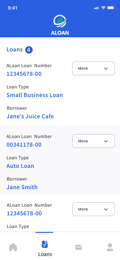 Mobile banking app screenshot showing four loans, with details including loan numbers, types, and borrowers. The app has a blue header with the logo and name 'ALOAN,' and navigation icons at the bottom for home, loans, messages, and user profile.