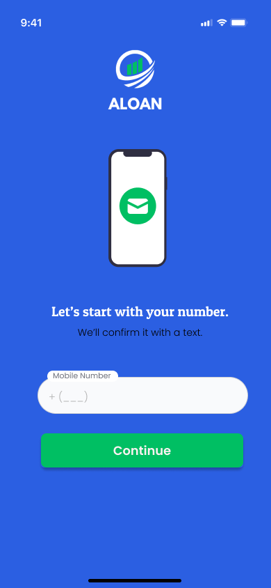 Mobile app screen for ALOAN, asking for user's phone number to start verification, with a green 'Continue' button.