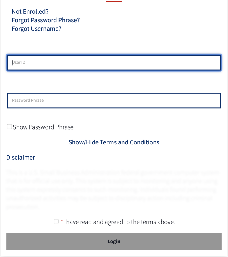 Login form with fields for User ID and Password Phrase, a checkbox to show password, links for terms and conditions and disclaimer, a checkbox to agree to terms, and a gray login button.