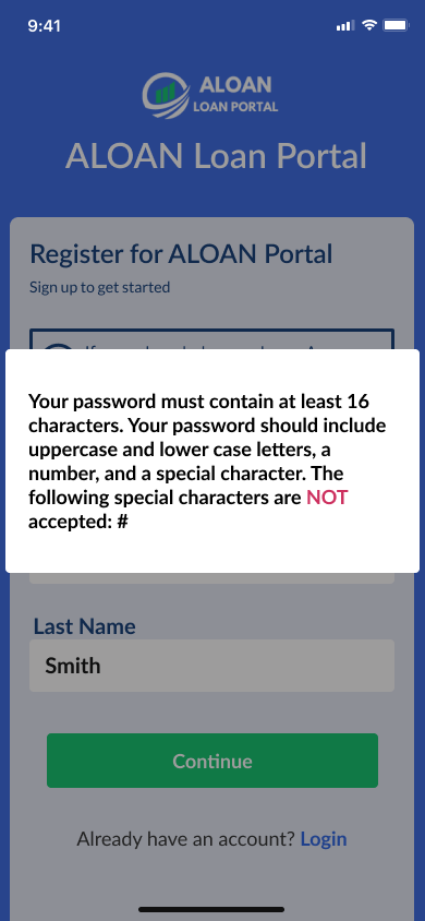 Mobile phone screen showing the ALOAN Loan Portal registration page with a pop-up message about password requirements.