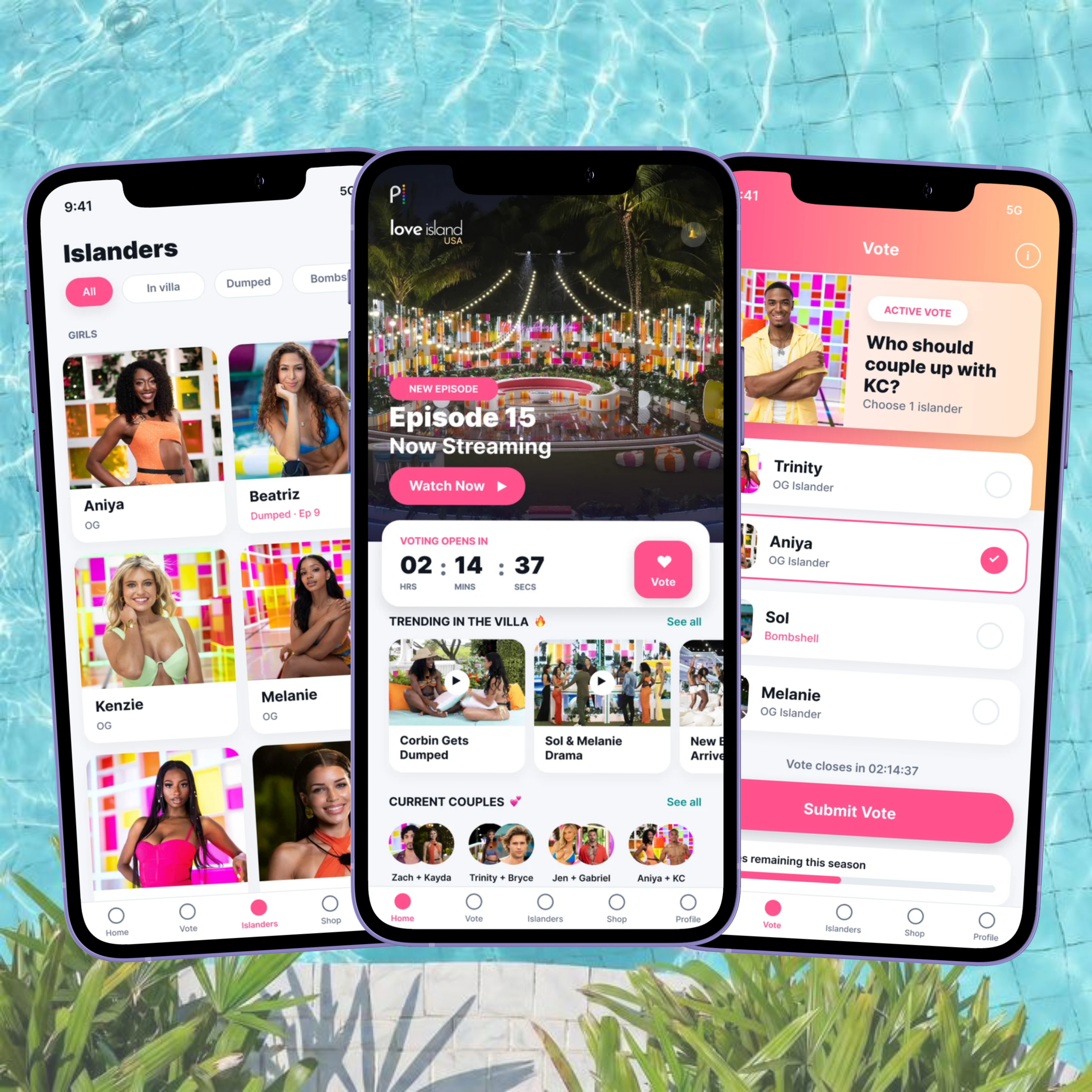 Smartphones displaying a love island app interface, placed on a poolside table with a swimming pool and plants in the background.