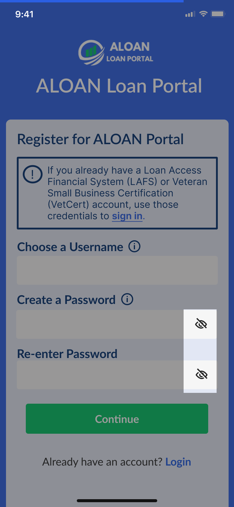 Screenshot of the ALON Loan Portal login page, showing a registration form with fields for username, password, re-enter password, and a 'Continue' button.