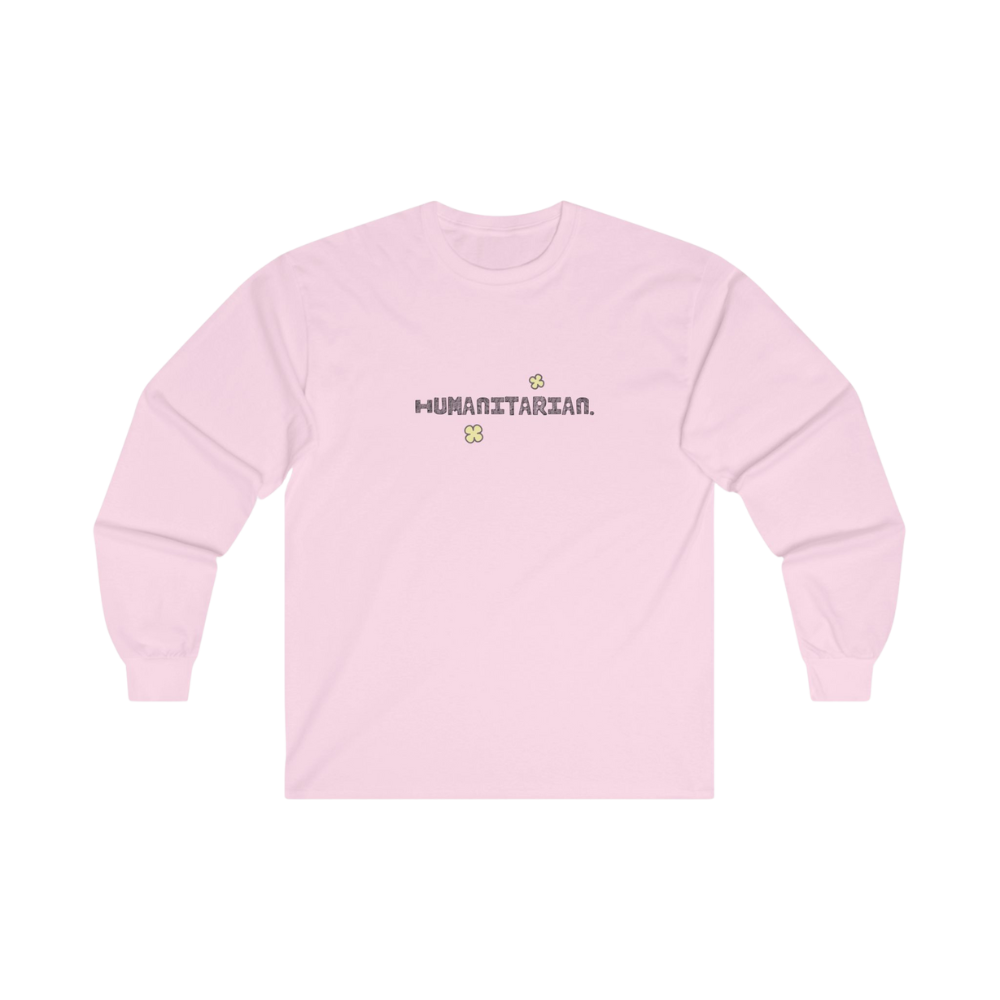 Light pink long-sleeve sweatshirt with the word 'HUMANITARIAN.' printed in black and three small flower illustrations.