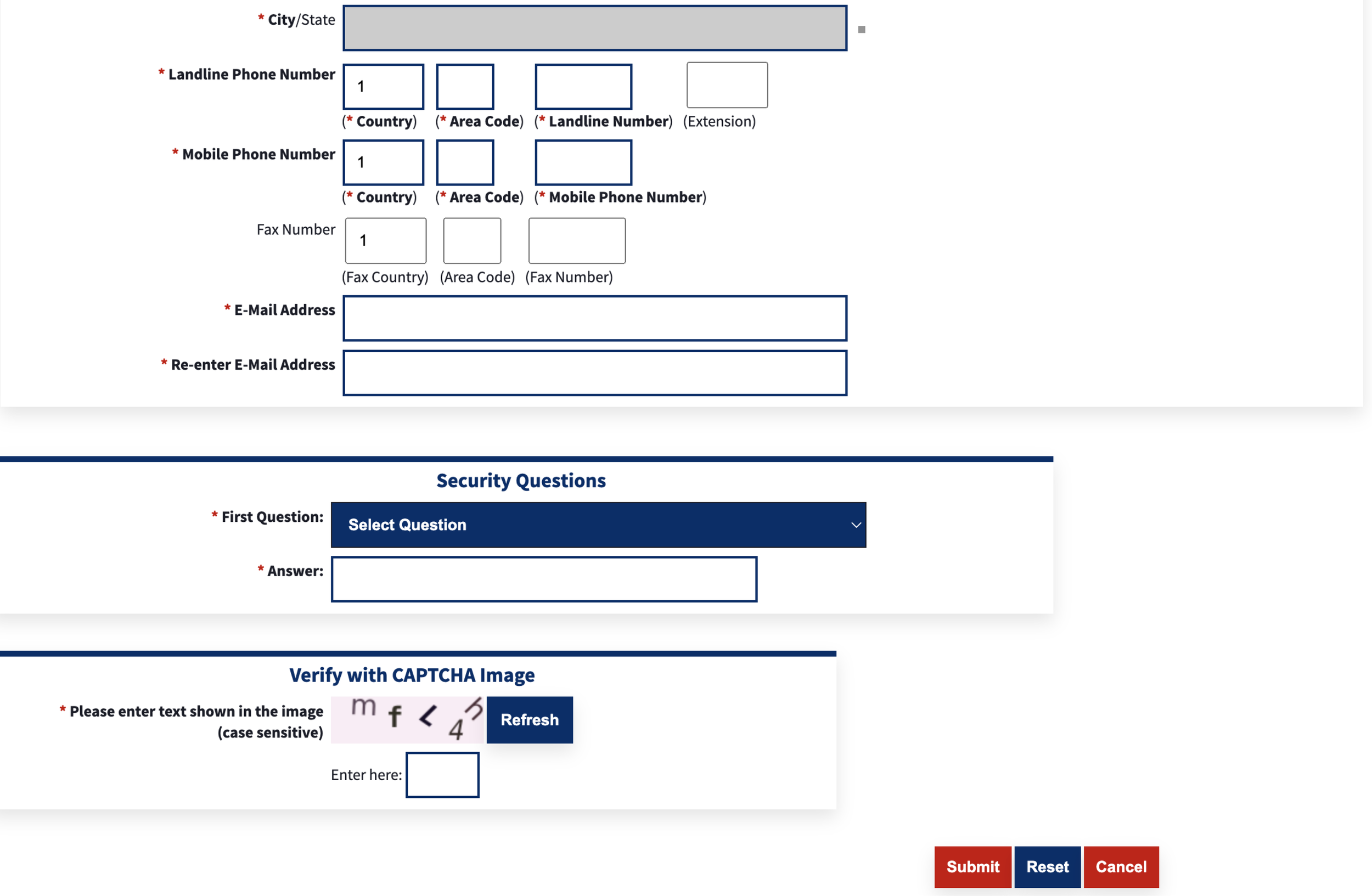 Screenshot of an online form with fields for personal and contact information, security questions, and CAPTCHA verification, including submit, reset, and cancel buttons.