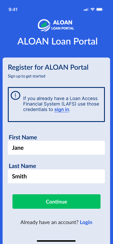 Mobile phone screen showing the ALON Loan Portal registration page with fields for first name and last name, a green continue button, and options to sign in or log in.