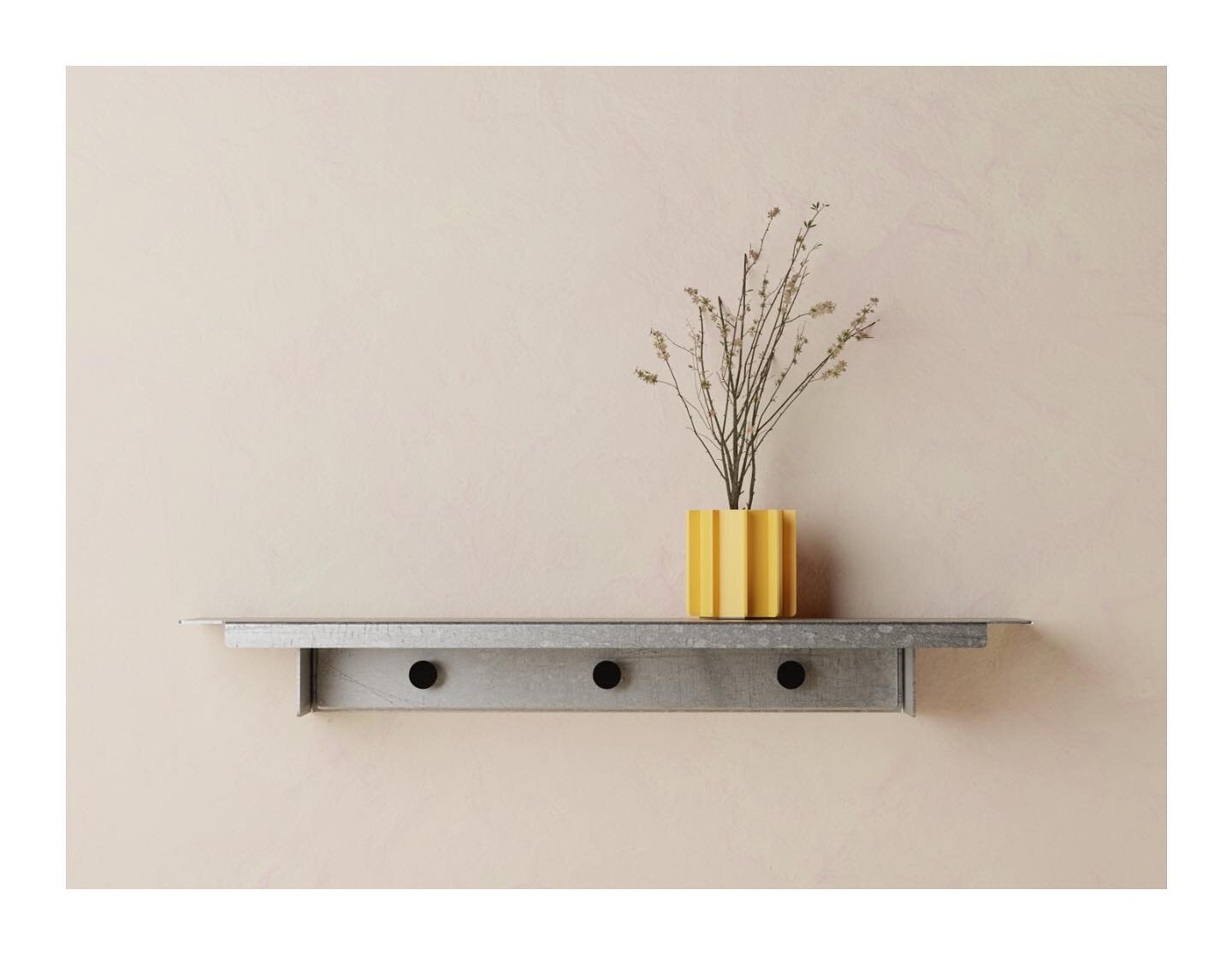 Float shelf w/ hooks in waxed aluminum and 6&rdquo; pleat planter in powder coated aluminum.