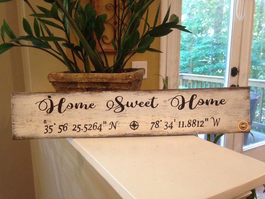 "Home Sweet Home" GPS Coordinates Wood Sign