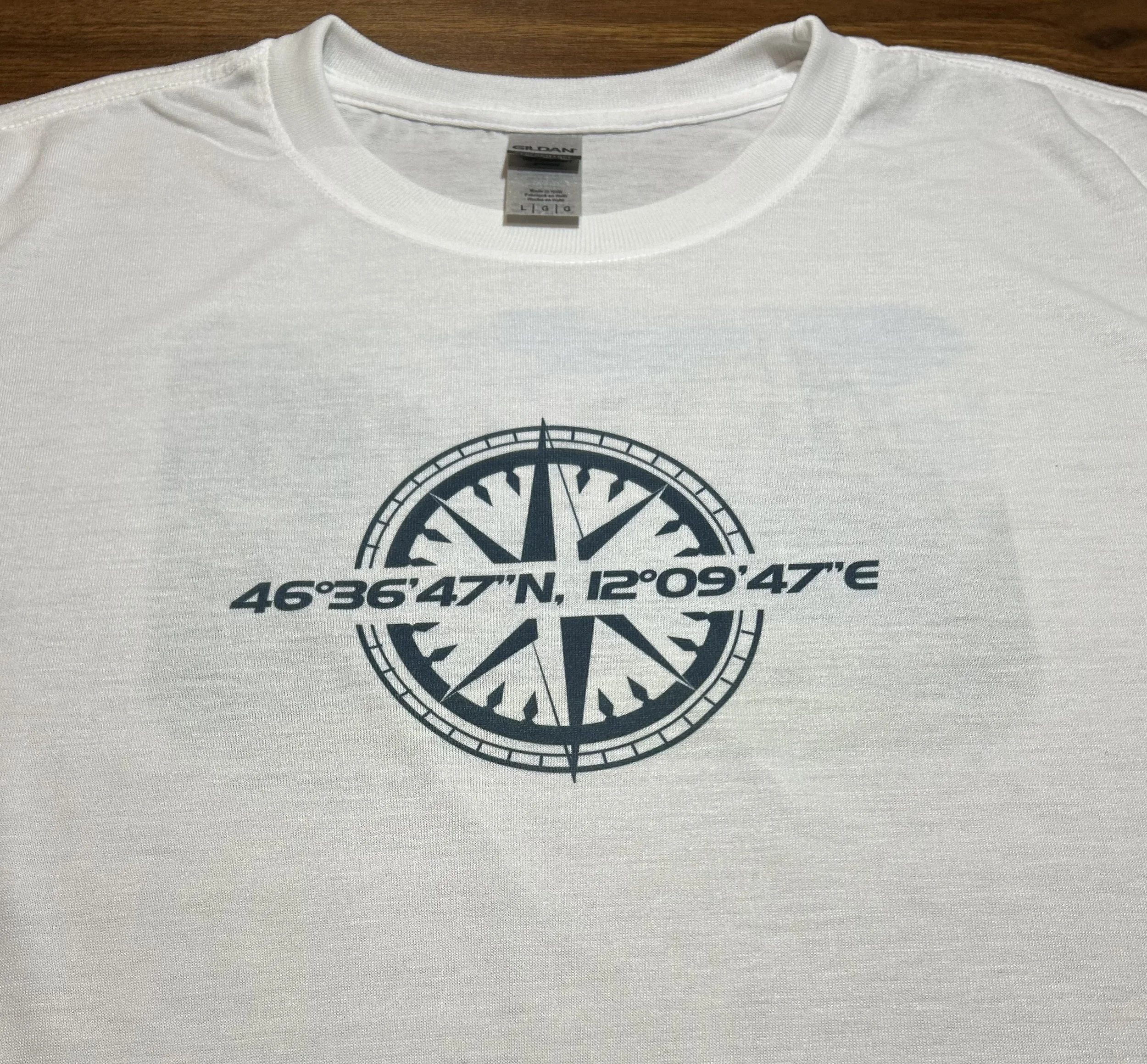 T-Shirt White - The Dolomites GPS Coordinates (front).jpeg