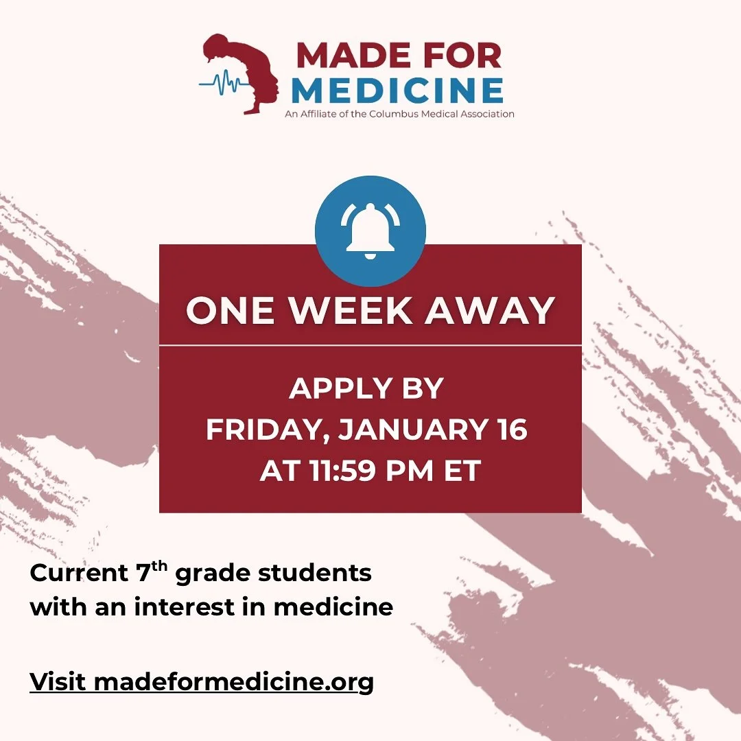 🗓️ We&rsquo;re just one week away from the application deadline for the spring 2026 cohort of Made for Medicine!

We welcome current 7th grade students with an interest in medicine to apply by Friday, January 16 at 11:59 p.m. ET.

Tap the link in ou